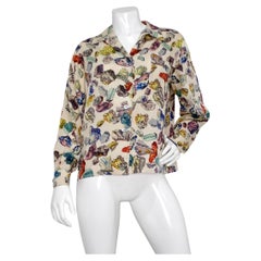 1980s Hermes Mineraux Geo Rock Print Silk Printed Button-Up Top