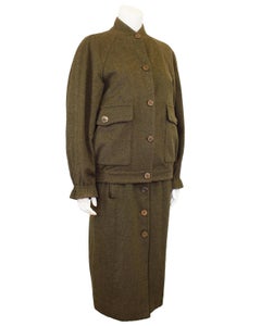 1980s Hermes Olive Green Wool and Cashmere Jacket and Skirt Ensemble