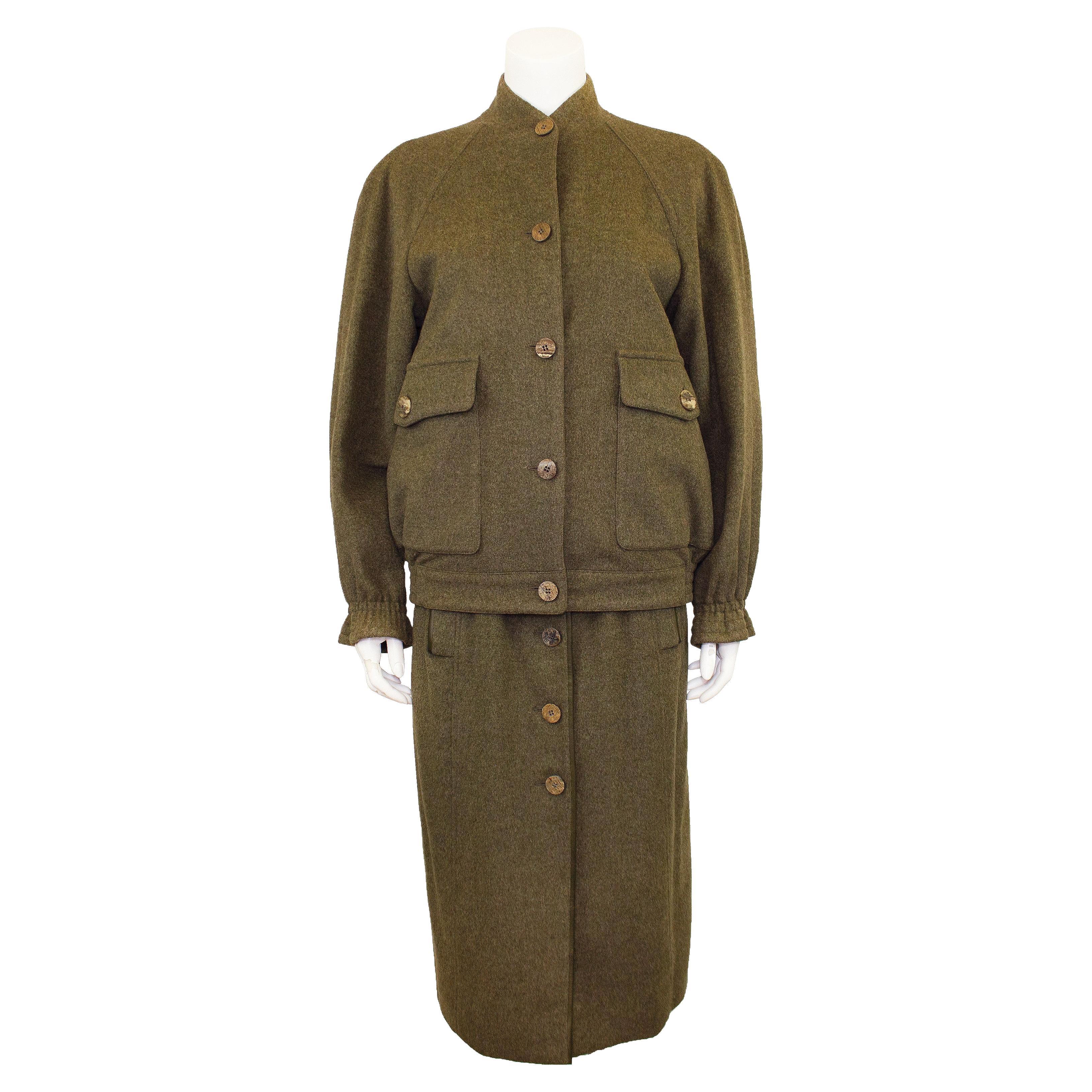 1980s Hermes Olive Green Wool and Cashmere Jacket and Skirt Ensemble  For Sale