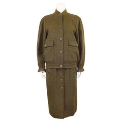 Retro 1980s Hermes Olive Green Wool and Cashmere Jacket and Skirt Ensemble 