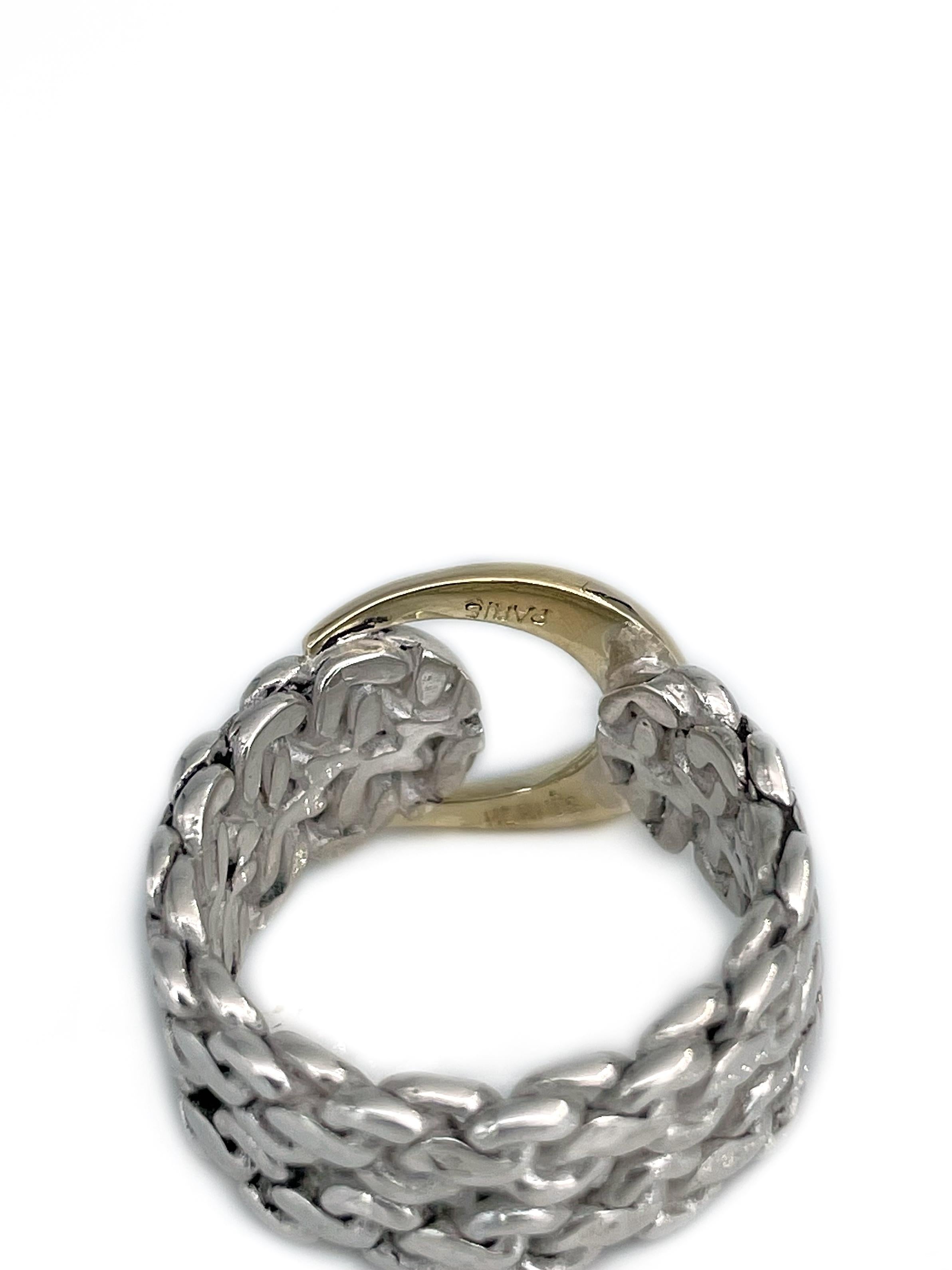 1980s Vintage Hermès Paris 925 Silver 18 Karat Gold Woven Buckle Ring In Good Condition In Vilnius, LT