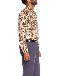 1980S HERMES Style Cream Cotton Twill Equestrian Polo Printed Men's Shirt