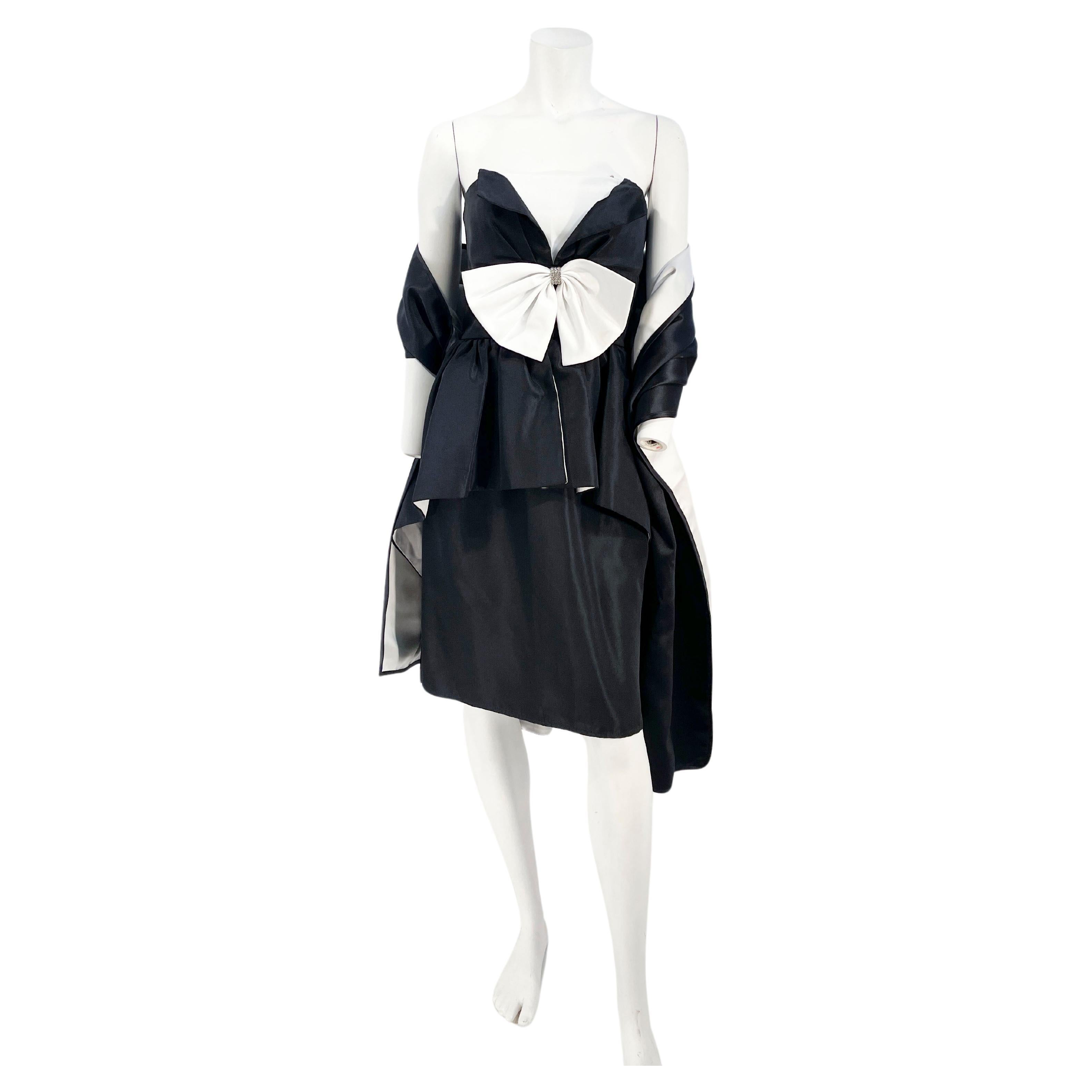 1980s Hey Waltzer for Darcy Black and White Cocktail Dress Ensemble For Sale
