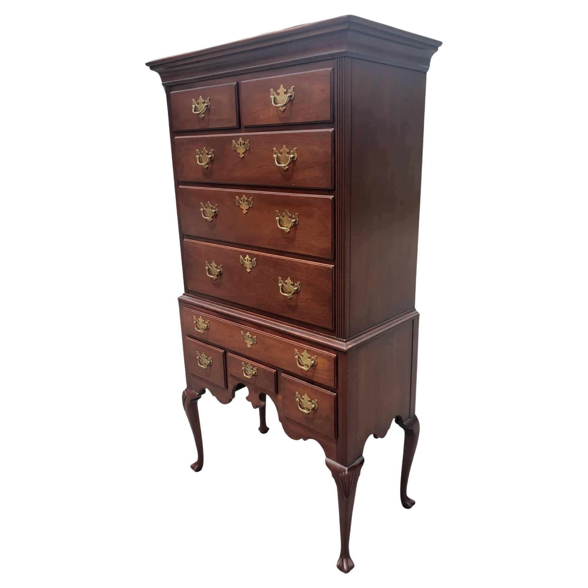 Chippendale 1980s Hickory Chair Mahogany Flat Top High Boy Chest of Drawers For Sale