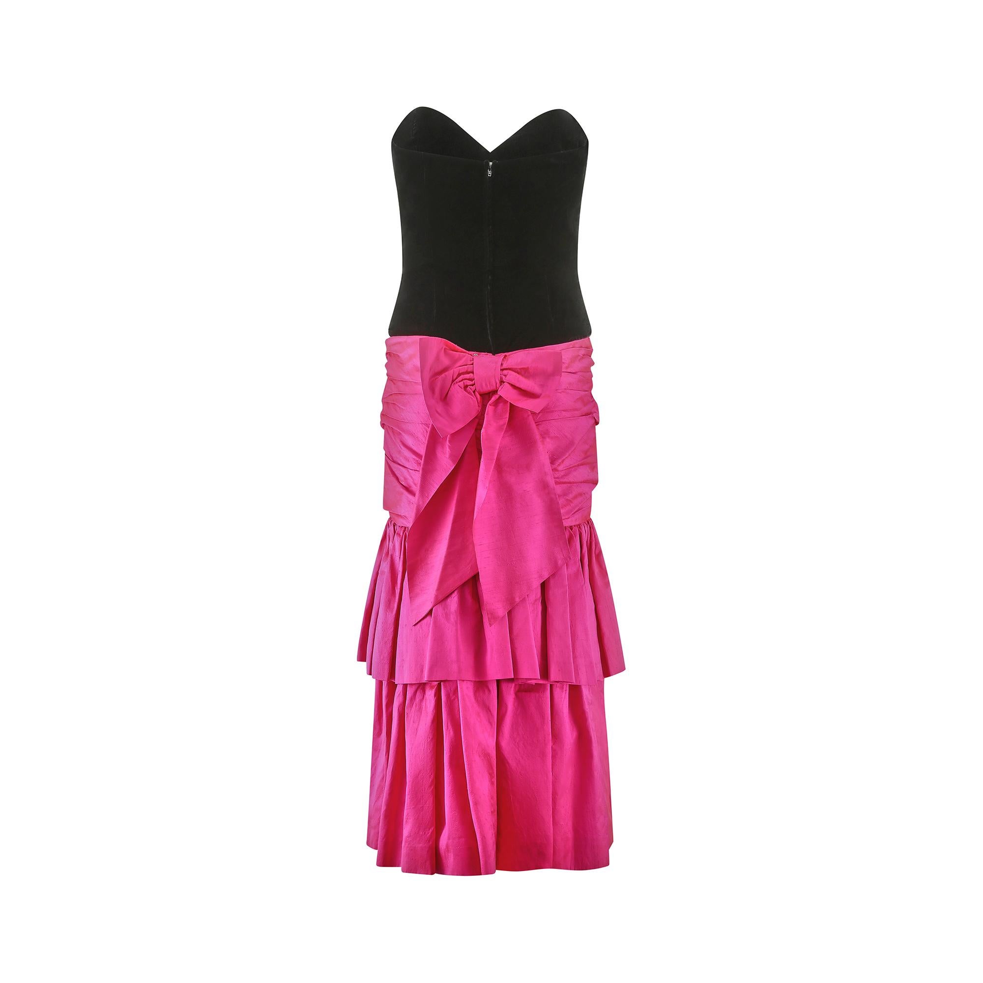 Women's 1980s Hidy Misawa Black Velvet and Hot Pink Silk Dress For Sale