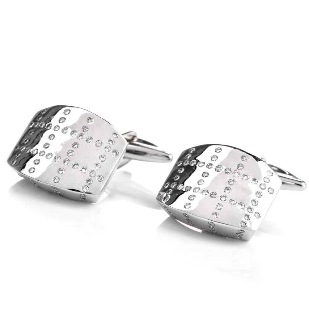 These luxurious Italian diamond cufflinks are crafted in 18-karat white gold, weighing 16 grams and measuring 17mm x 13mm. Prong-set with 144 round-cut diamonds, weighing approximately, 1.00 carats, graded F-G color and VS1-VS2 clarity. Stamped and