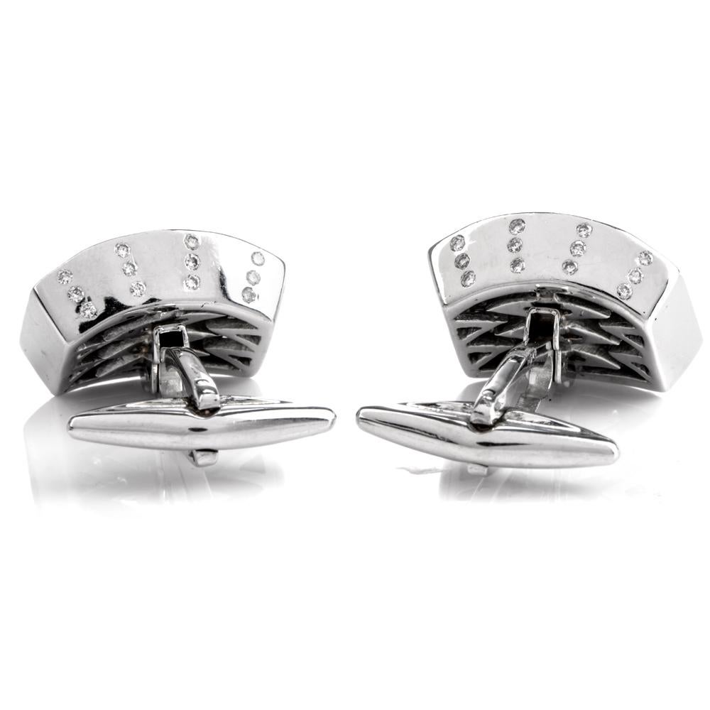 Women's or Men's 1980s High Polish Diamond 18 Karat White Gold Men’s Cufflinks