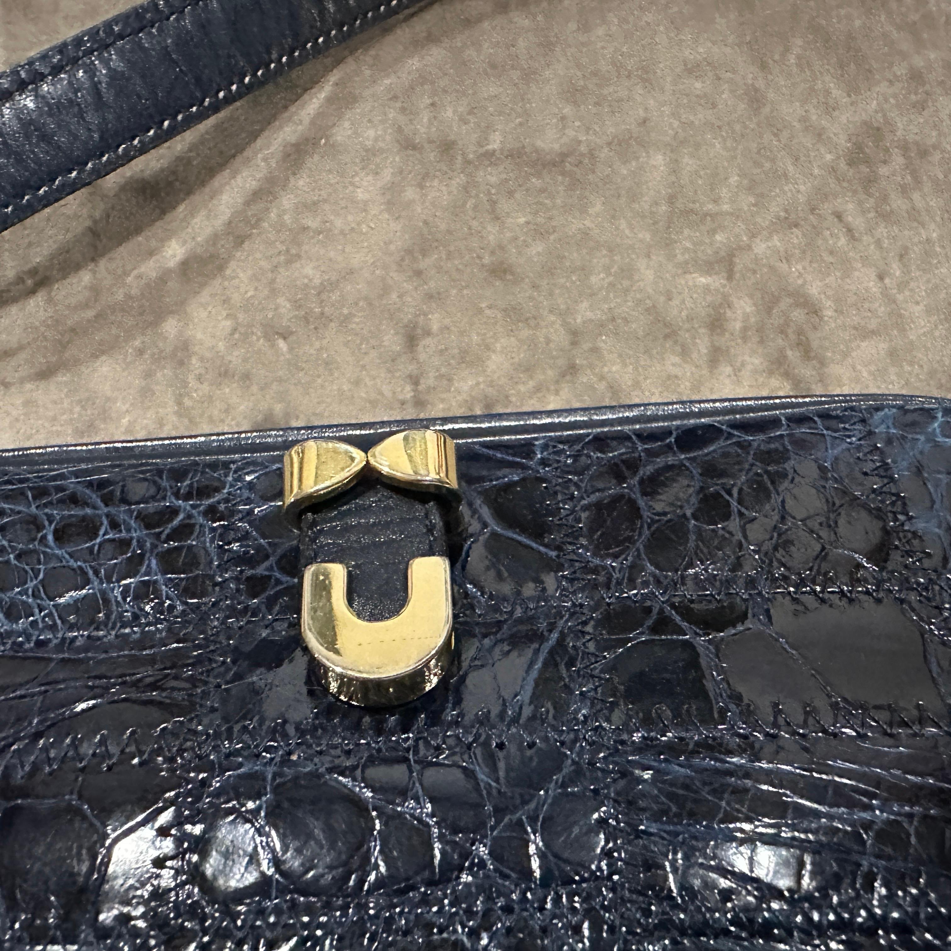 Sac à bandoulière en cuir bleu et quincaillerie en laiton de haute qualité des années 1980 par Zenith en vente 5