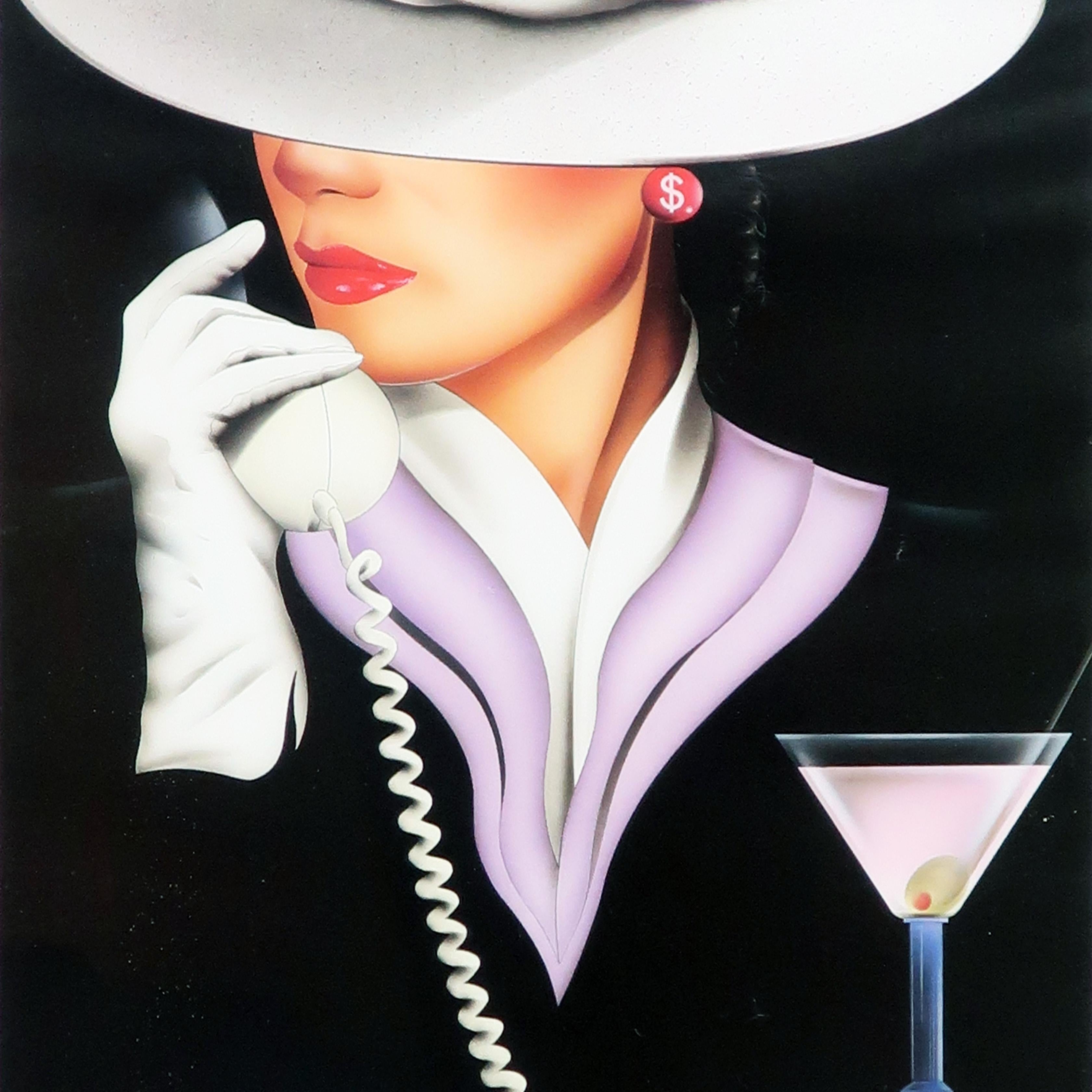 Eine gerahmte Lithografie aus den 1980er Jahren von Mal Watson, einem erfolgreichen Künstler und Designer, der vor allem für seine Mode- und Frauenthemen bekannt ist. Das Bild zeigt eine gut gekleidete Frau, die telefoniert, mit weißen Handschuhen