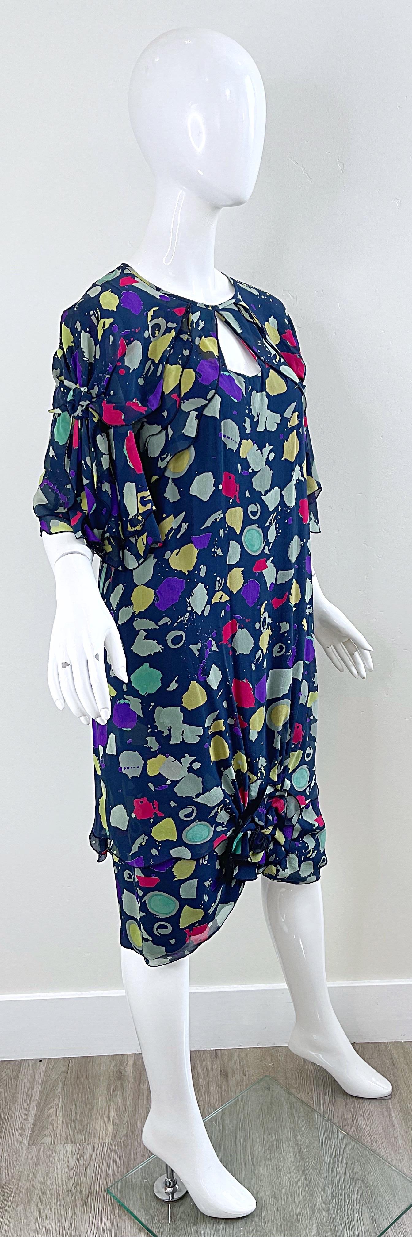 1980 Holly's Harp Navy Blue Colorful Silk Chiffon Flapper Style Vintage Dress en vente 7