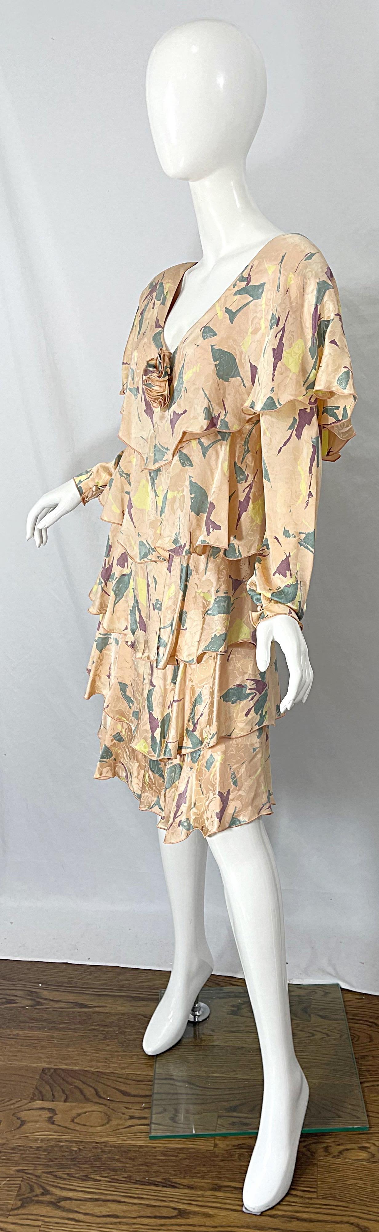 1980s Holly Harp Rosa melocotón Vestido de seda de manga larga Vintage 80s Medium en venta 7