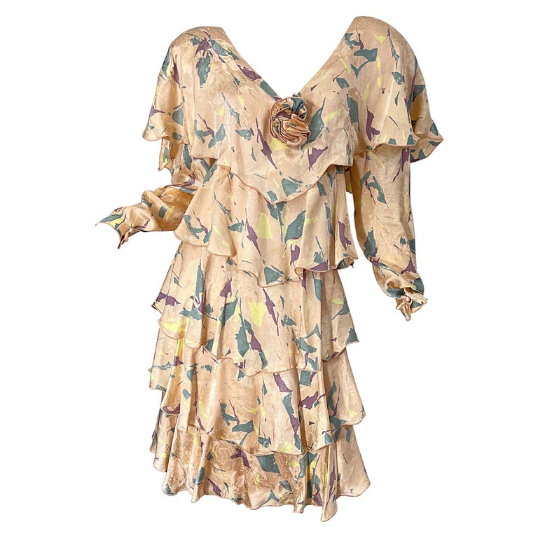 1980s Hollys Harp Peach Pink Tiered Long Sleeve Vintage 80s Silk Dress Medium