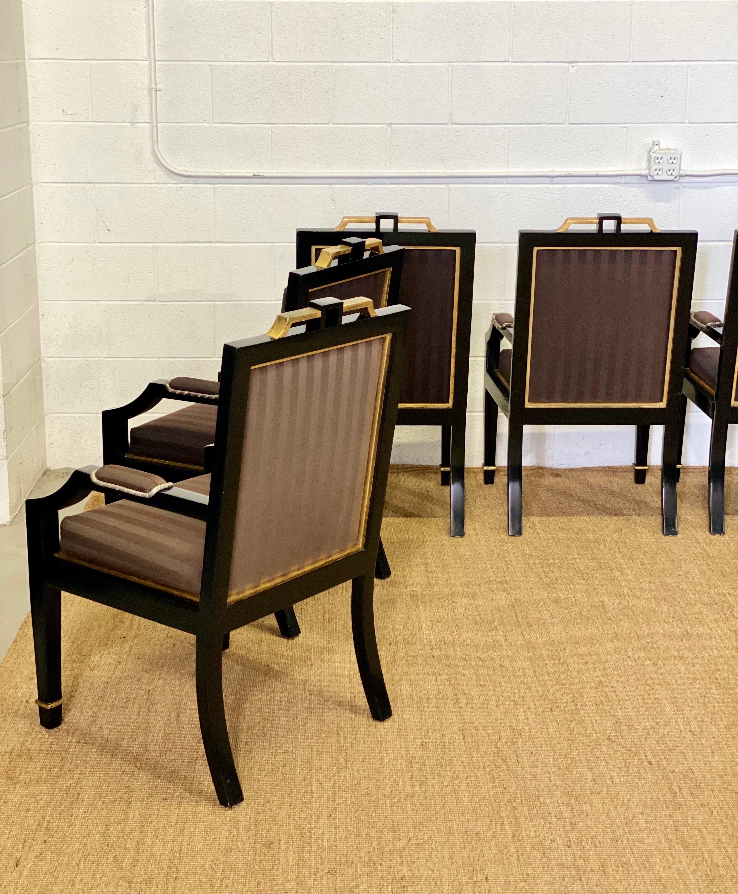 1980s Hollywood Regency Black Lacquer and Satin Dining Armchairs – Set of 6 For Sale 6