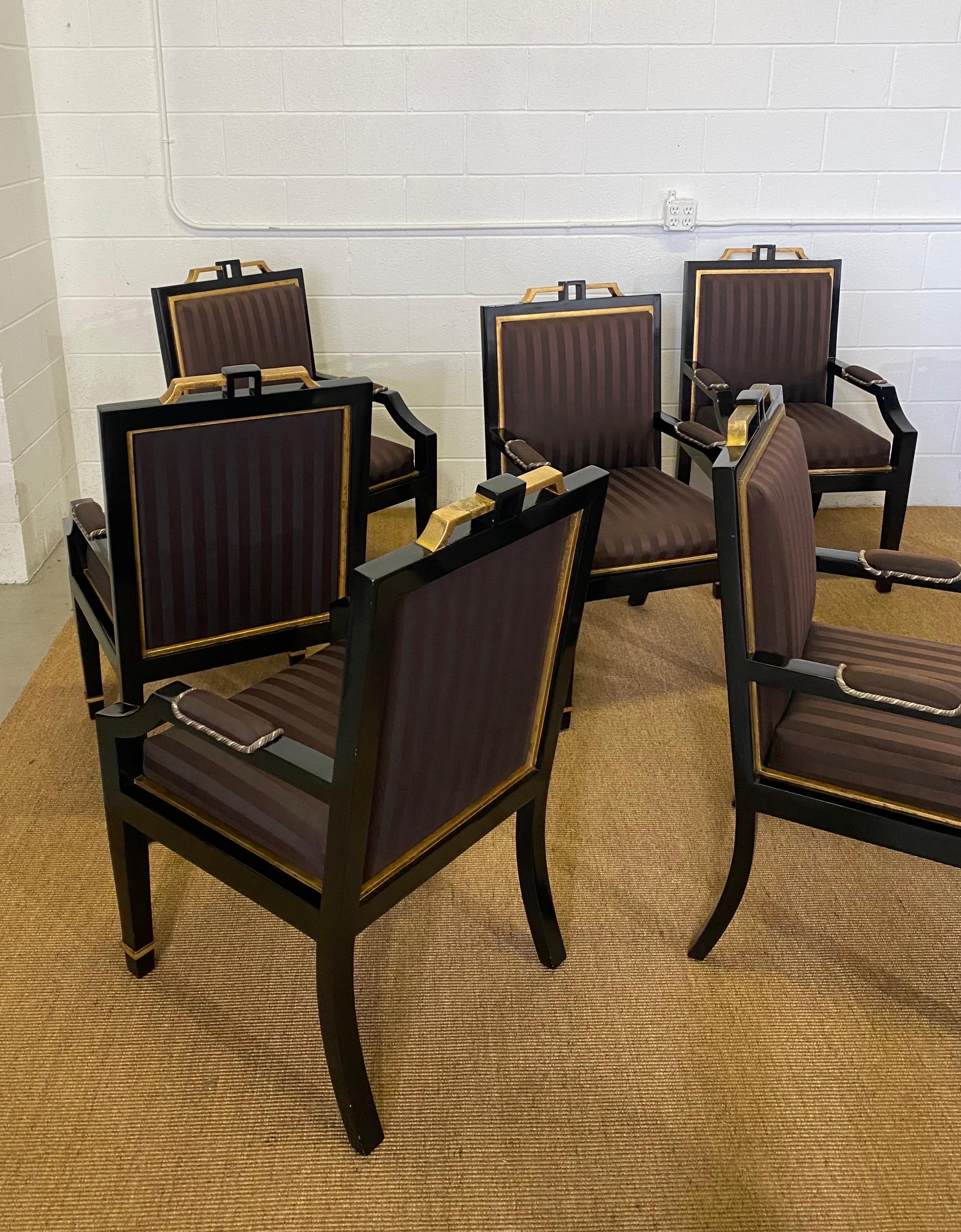 1980s Hollywood Regency Black Lacquer and Satin Dining Armchairs – Set of 6 For Sale 9