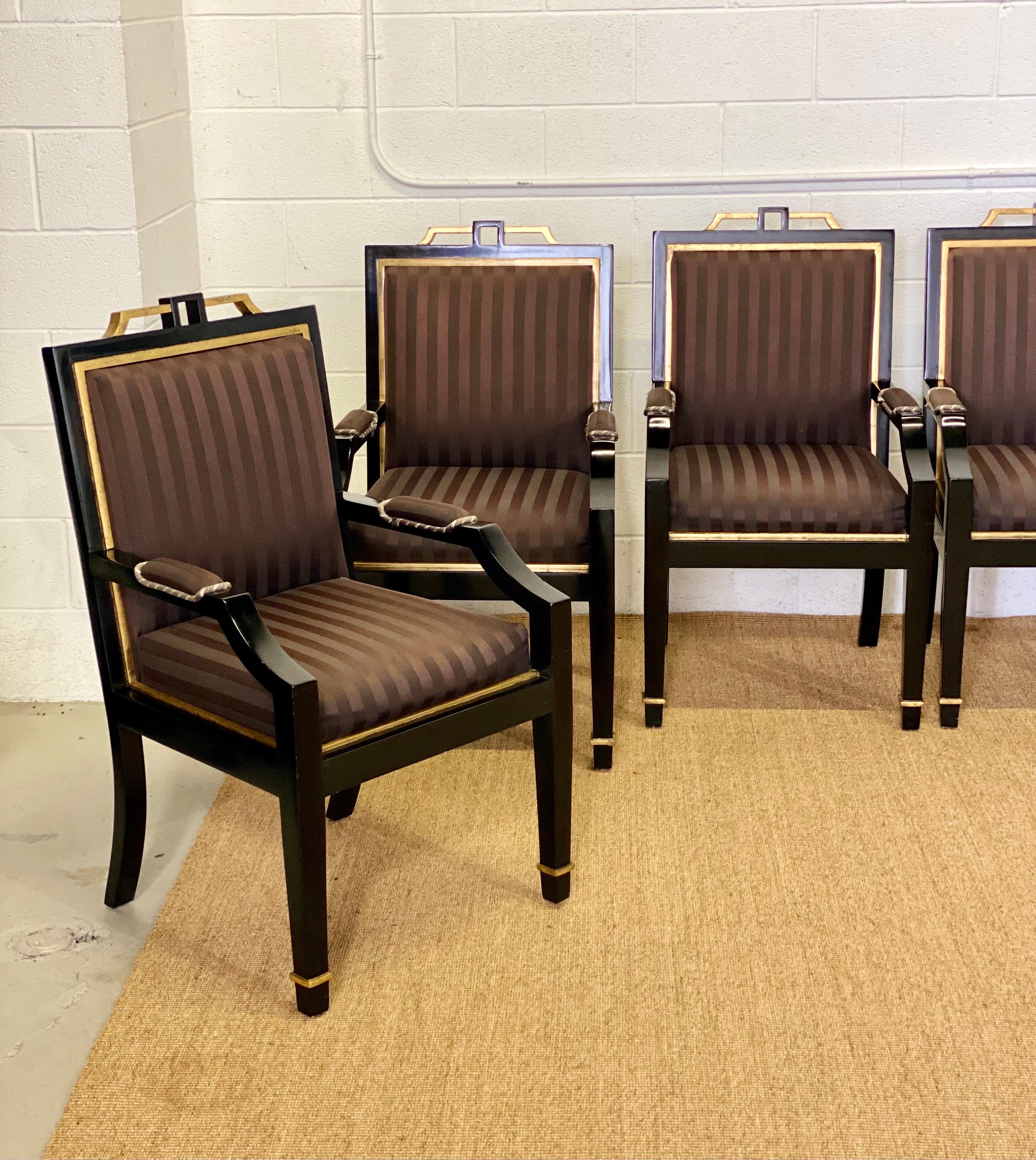 American 1980s Hollywood Regency Black Lacquer and Satin Dining Armchairs – Set of 6 For Sale