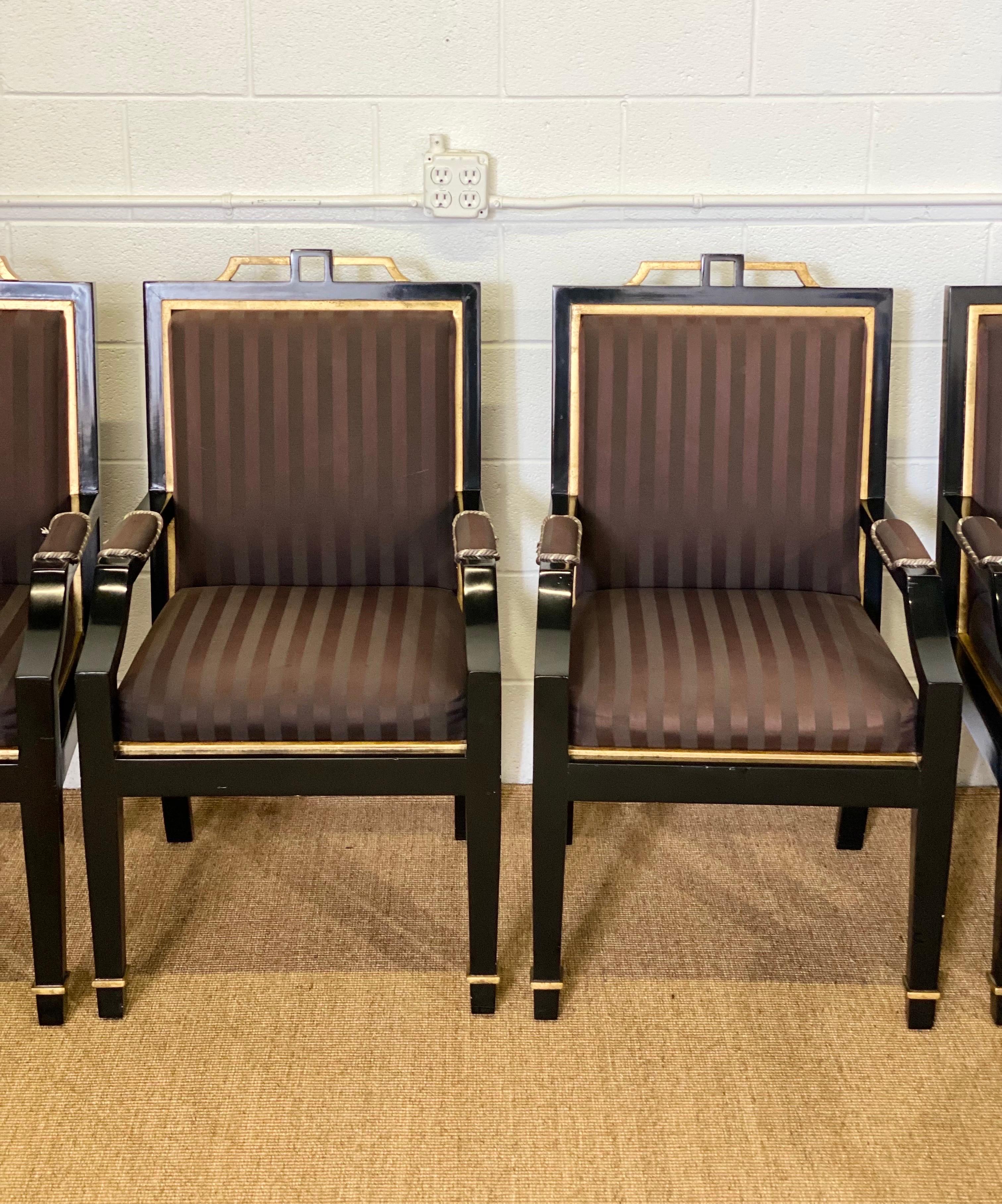 1980s Hollywood Regency Black Lacquer and Satin Dining Armchairs – Set of 6 In Good Condition For Sale In Farmington Hills, MI