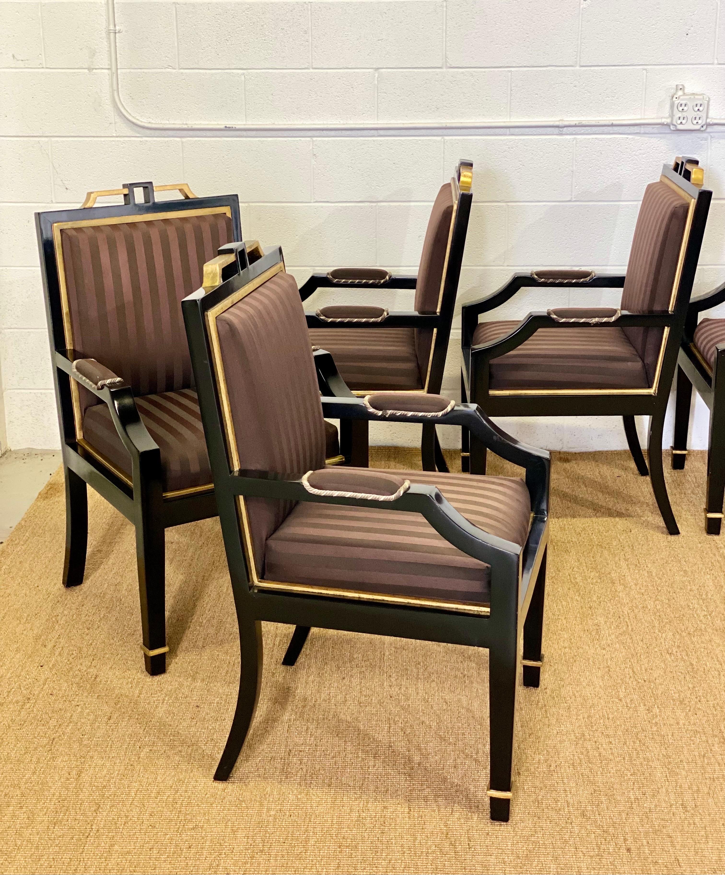1980s Hollywood Regency Black Lacquer and Satin Dining Armchairs – Set of 6 For Sale 2