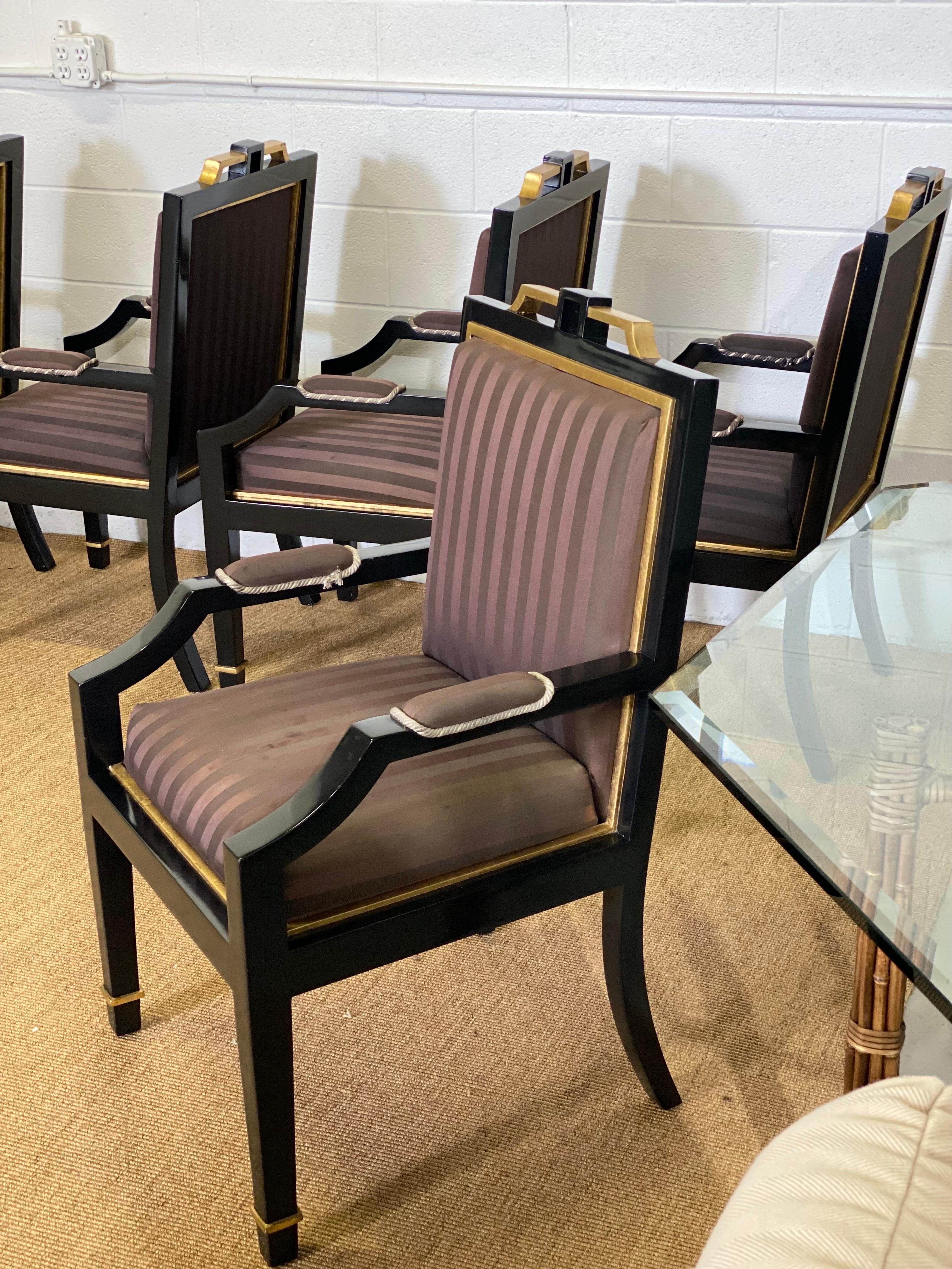 1980s Hollywood Regency Black Lacquer and Satin Dining Armchairs – Set of 6 For Sale 4