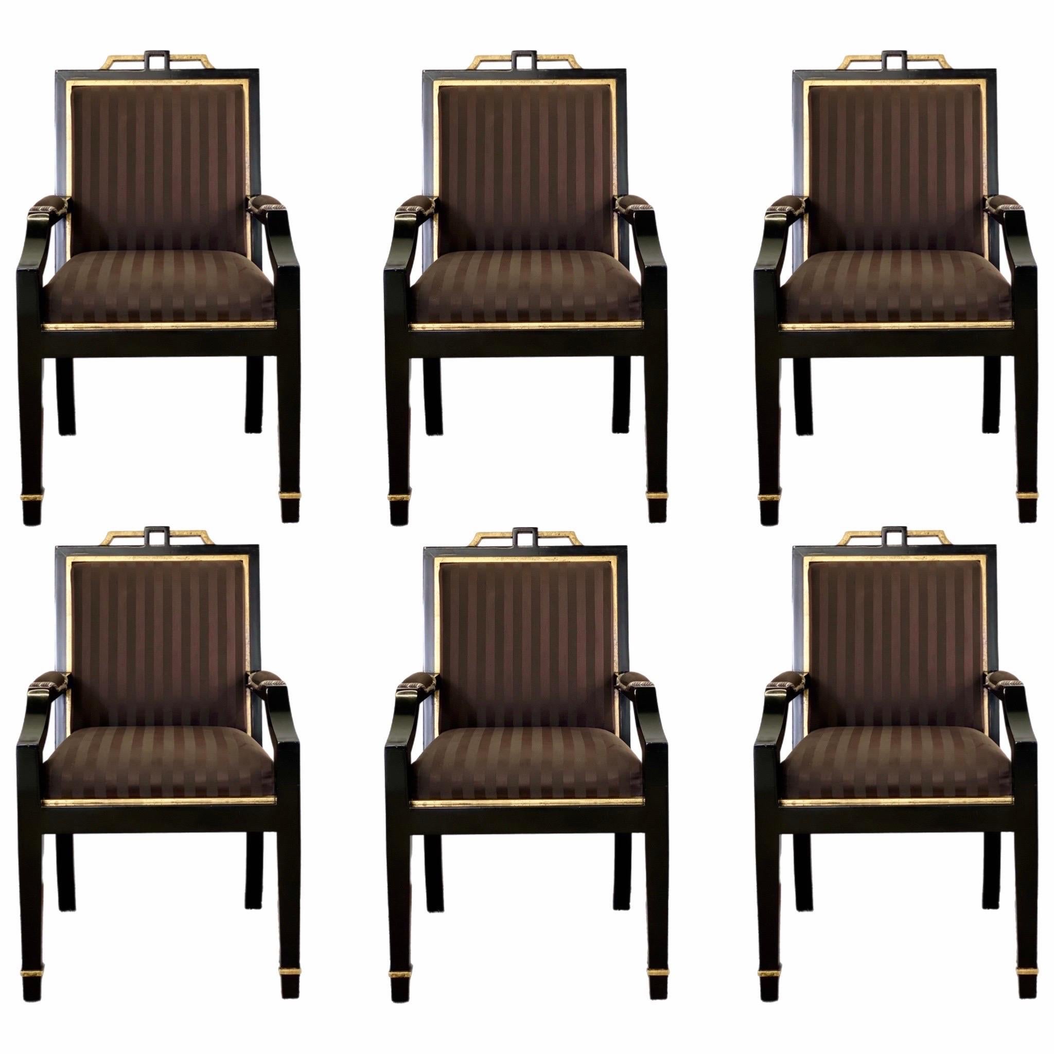 1980s Hollywood Regency Black Lacquer and Satin Dining Armchairs – Set of 6 For Sale