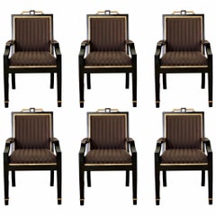 Vintage 1980s Hollywood Regency Black Lacquer and Satin Dining Armchairs – Set of 6