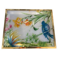 1980s Hollywood Regency Brass and Floral and Fauna Lucite Italian Tray