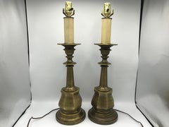 1980s Hollywood Regency Brushed Brass Candlestick Lamps, Pair