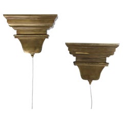 1980s Hollywood Regency Cast Brass Cornice Wall Sconces, DeKnudt Attributed
