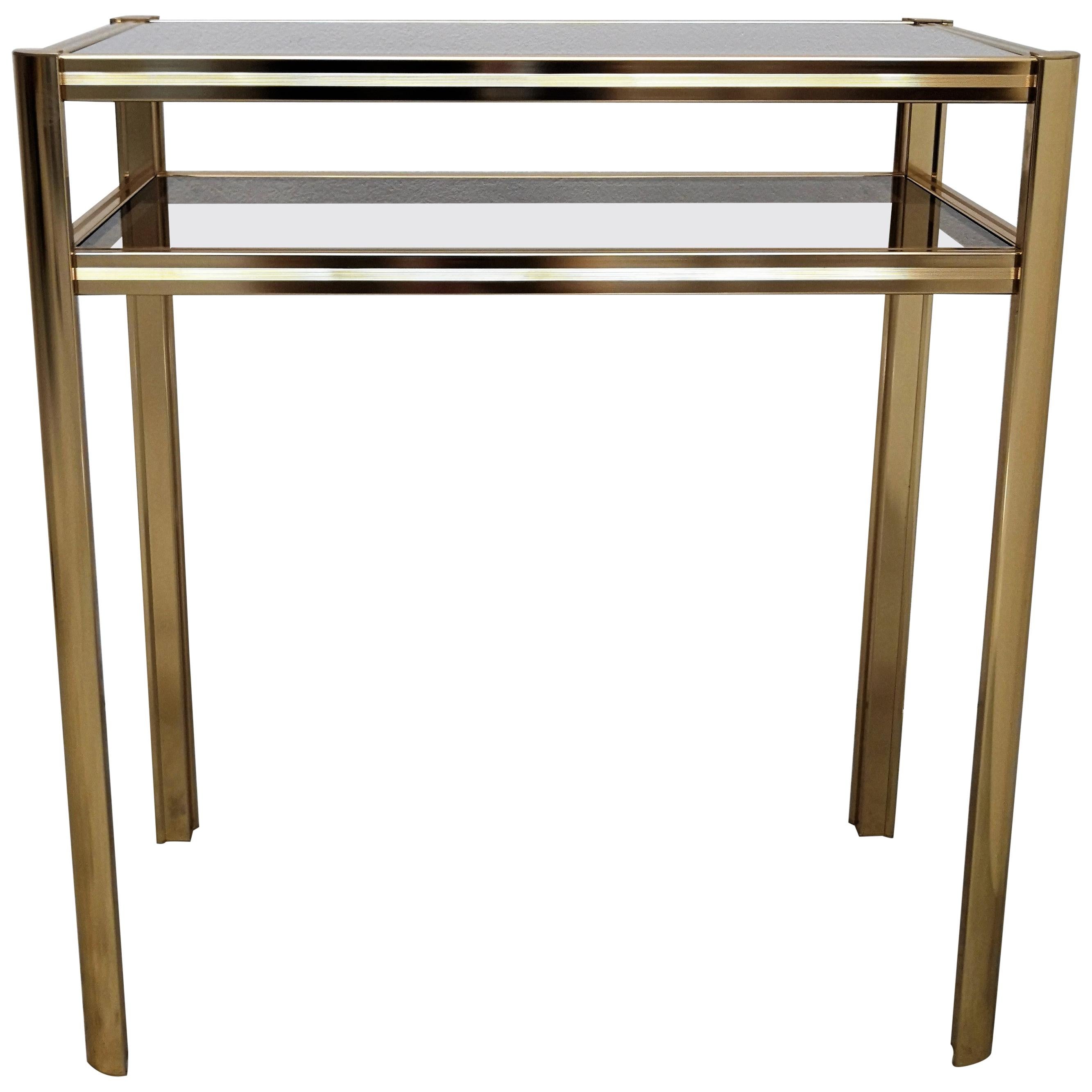 1980s Hollywood Regency Mid-Century Modern Brass and Smoked Glass Console