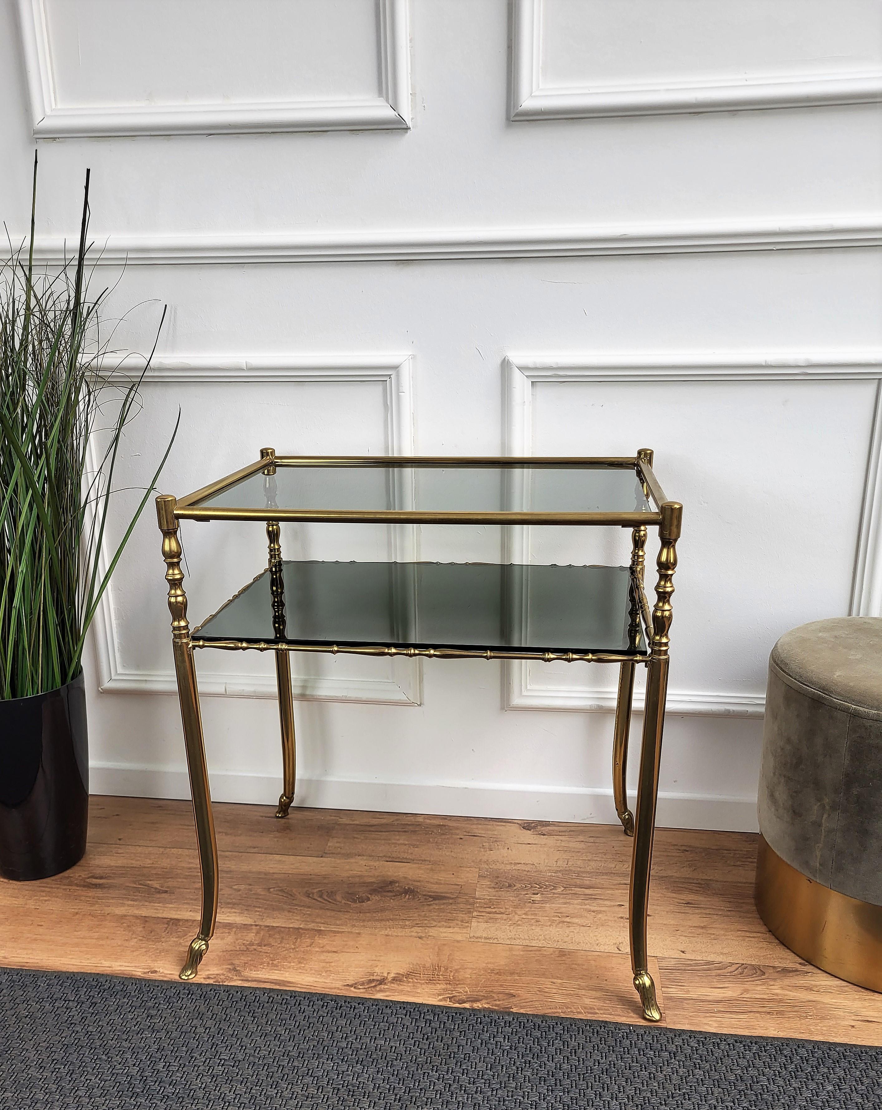 Italian 1980s Hollywood Regency Mid-Century Modern Brass and Smoked Glass Console Table For Sale