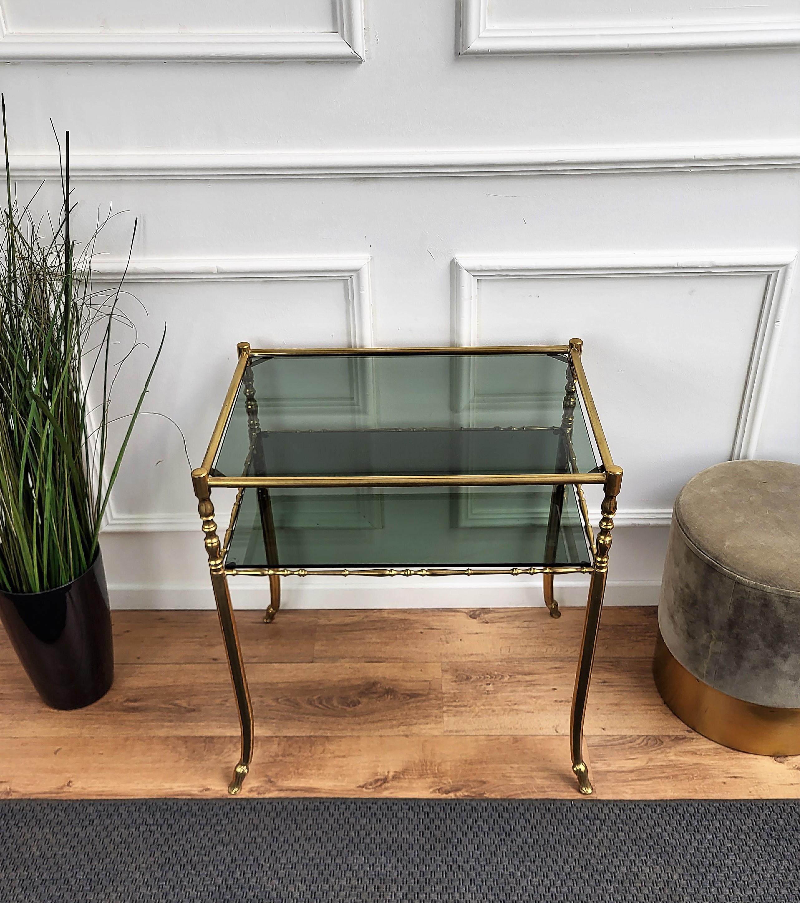 20th Century 1980s Hollywood Regency Mid-Century Modern Brass and Smoked Glass Console Table For Sale