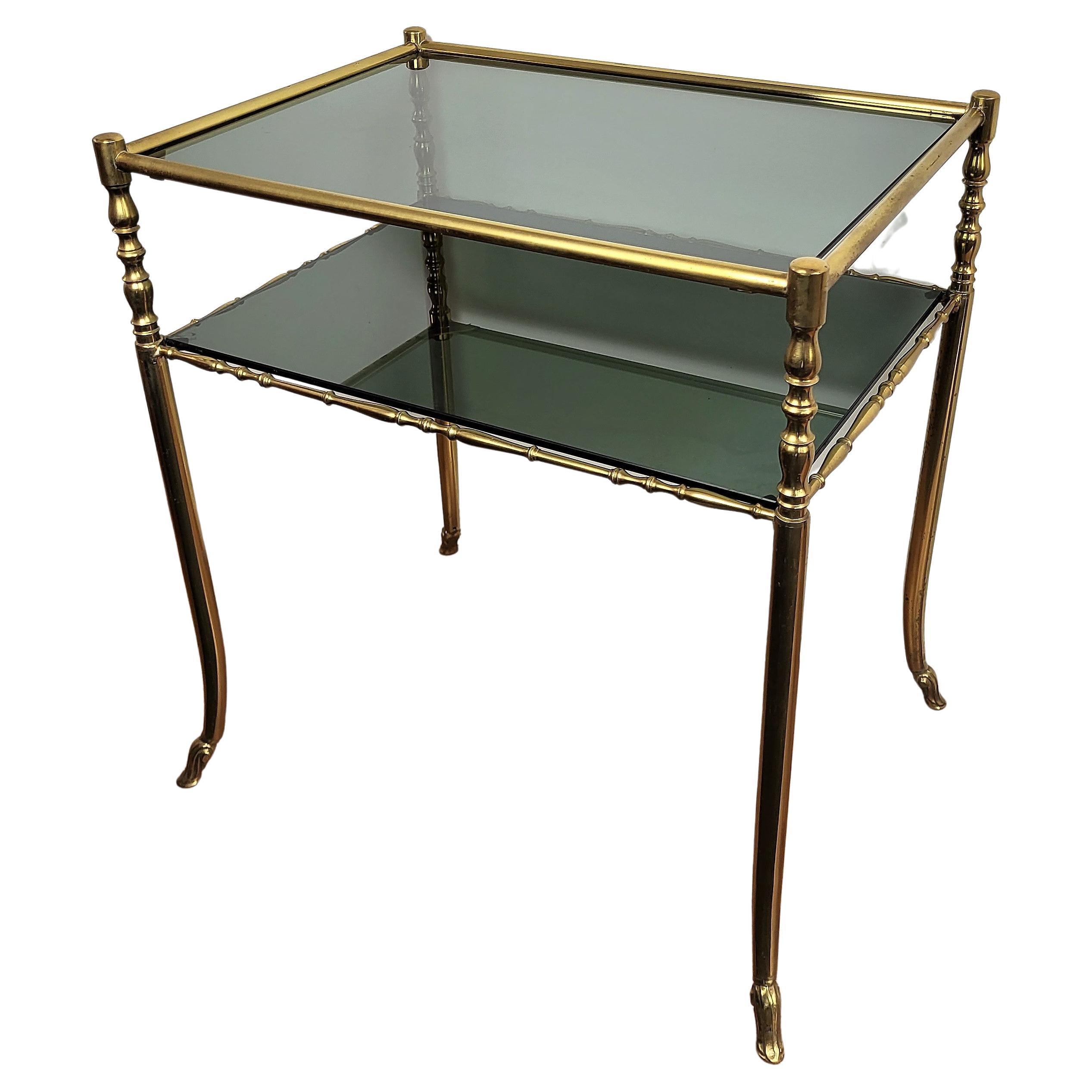 1980s Hollywood Regency Mid-Century Modern Brass and Smoked Glass Console Table For Sale