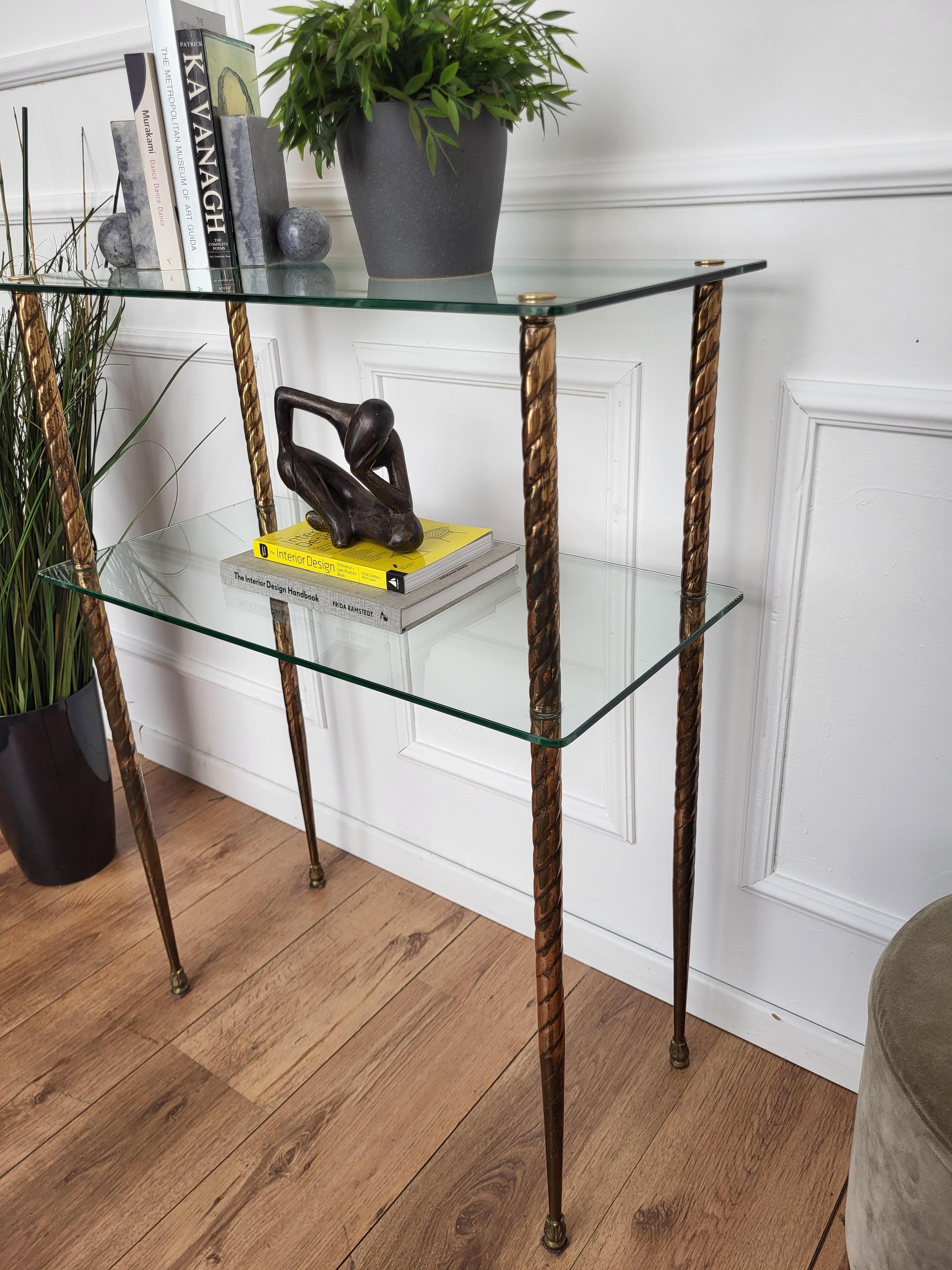 Italian 1980s Hollywood Regency Mid-Century Modern Brass Glass Etagere Console Table For Sale