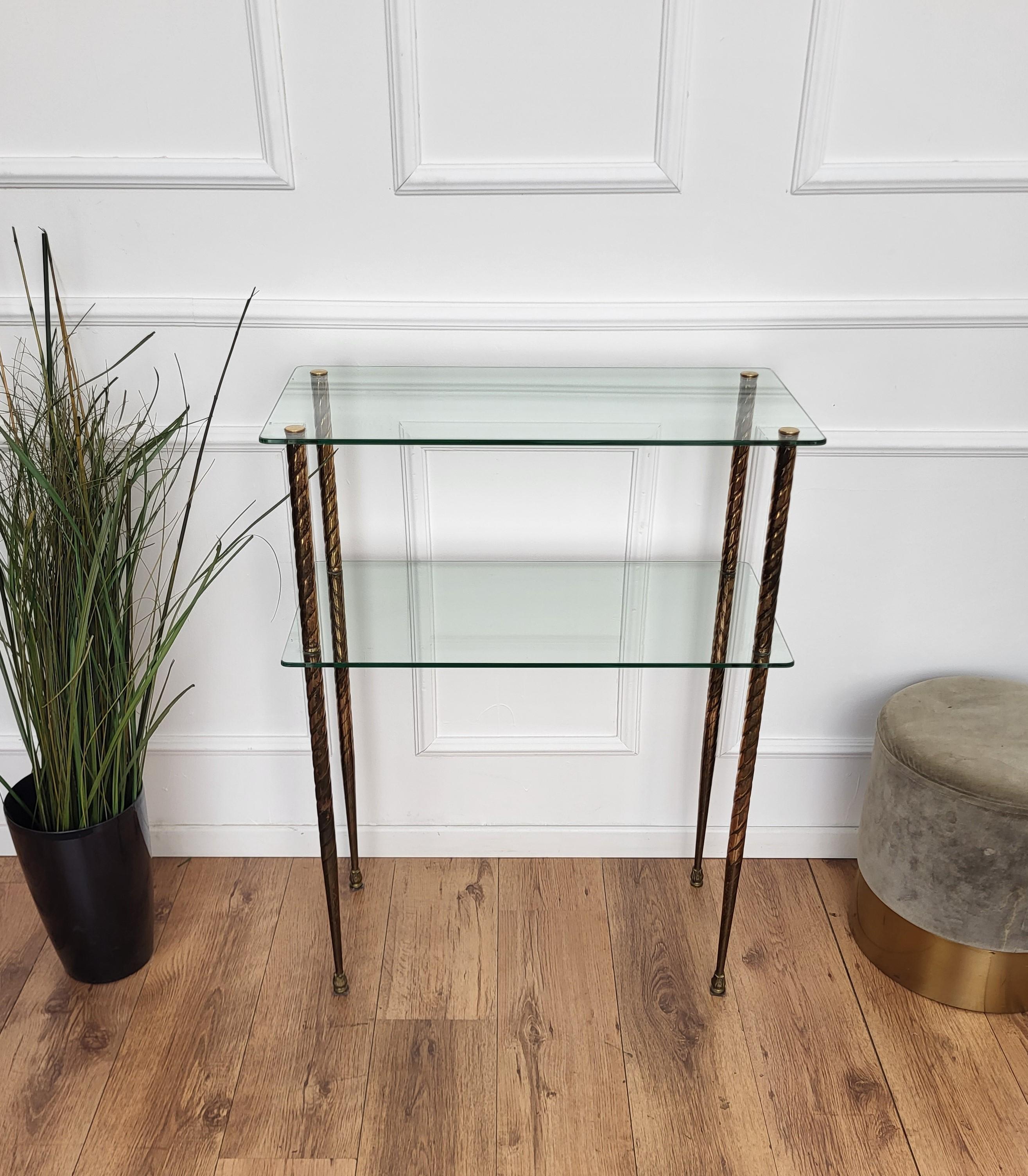 1980s Hollywood Regency Mid-Century Modern Brass Glass Etagere Console Table For Sale 1
