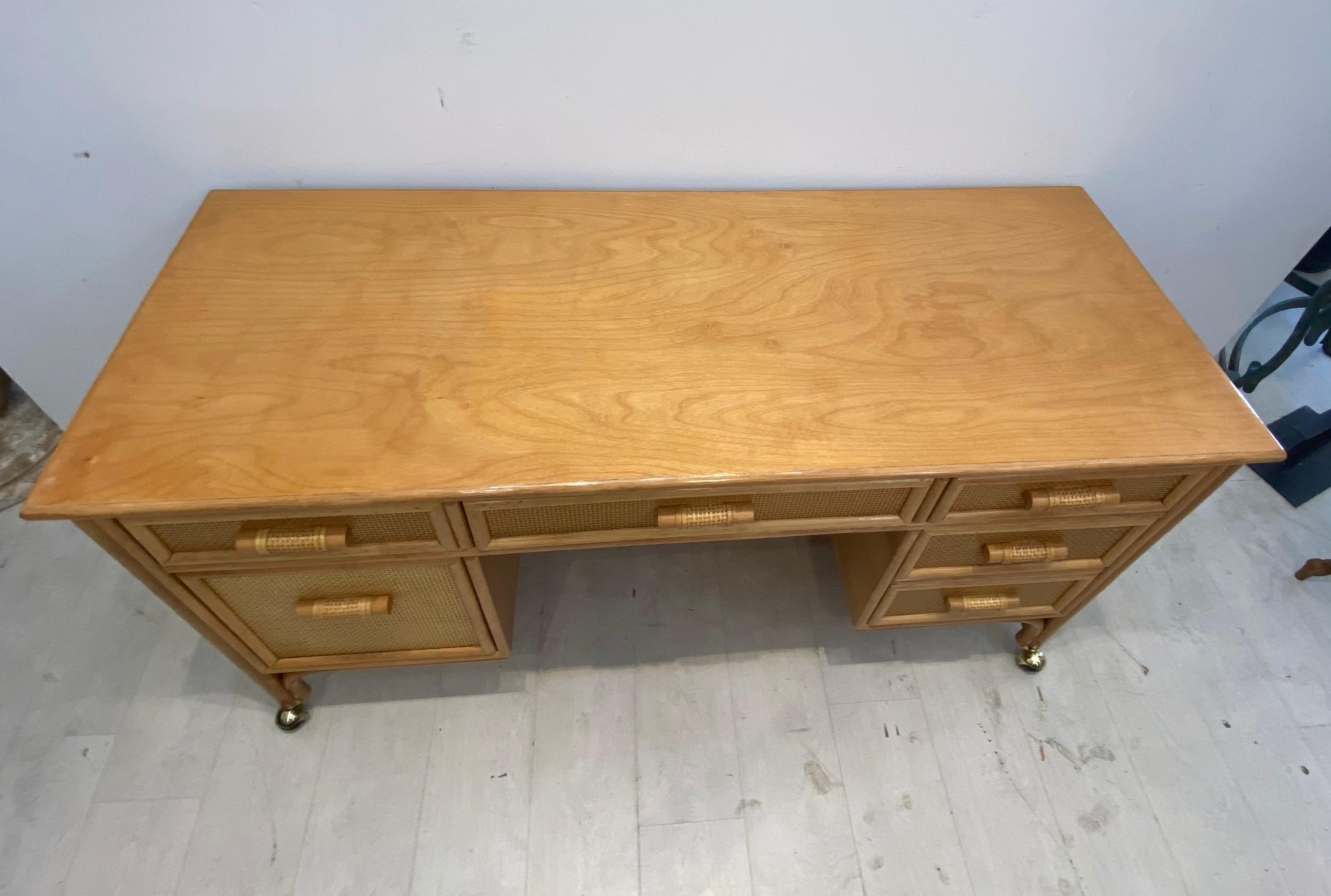 1980s Hollywood Regency Rattan Six Drawer Desk In Good Condition In West Palm Beach, FL