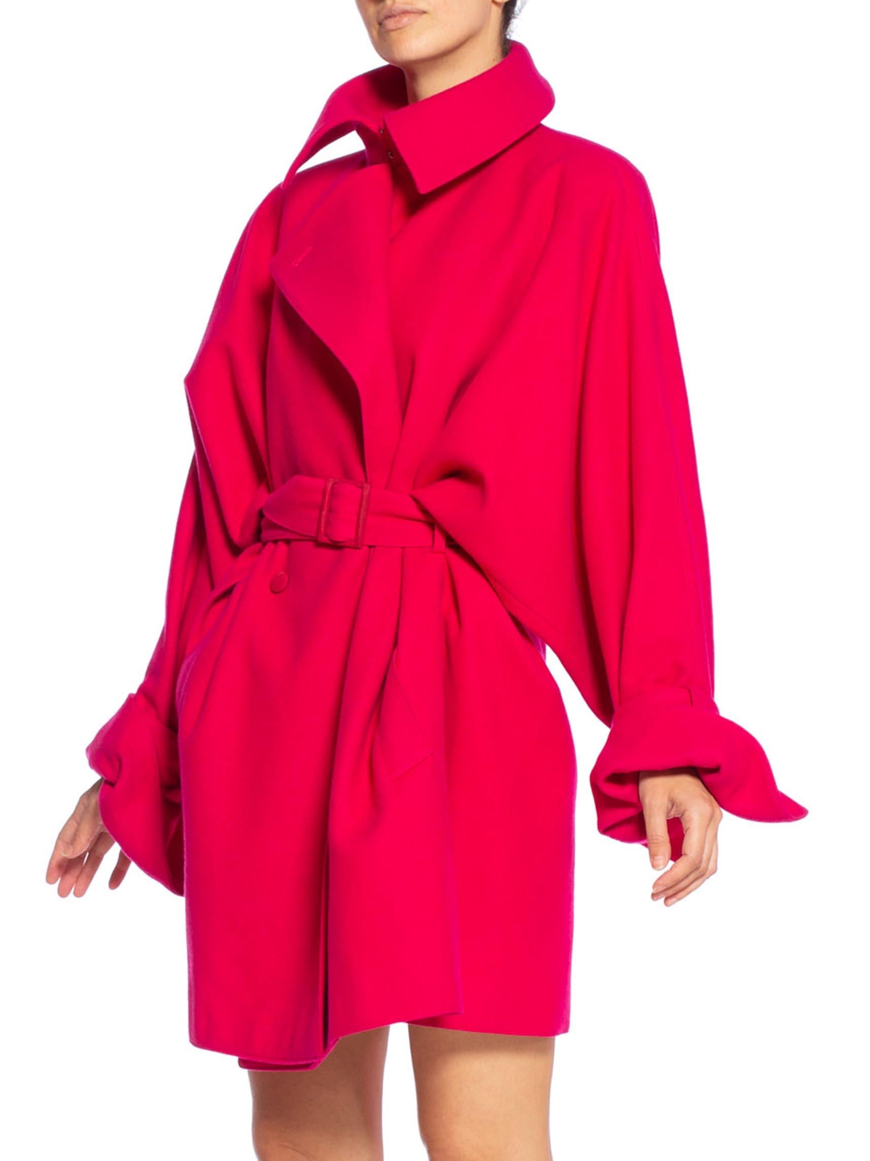 1980'S CLAUDE MONTANA Hot Pink Wool Oversized Trench Coat With Belt In Excellent Condition In New York, NY
