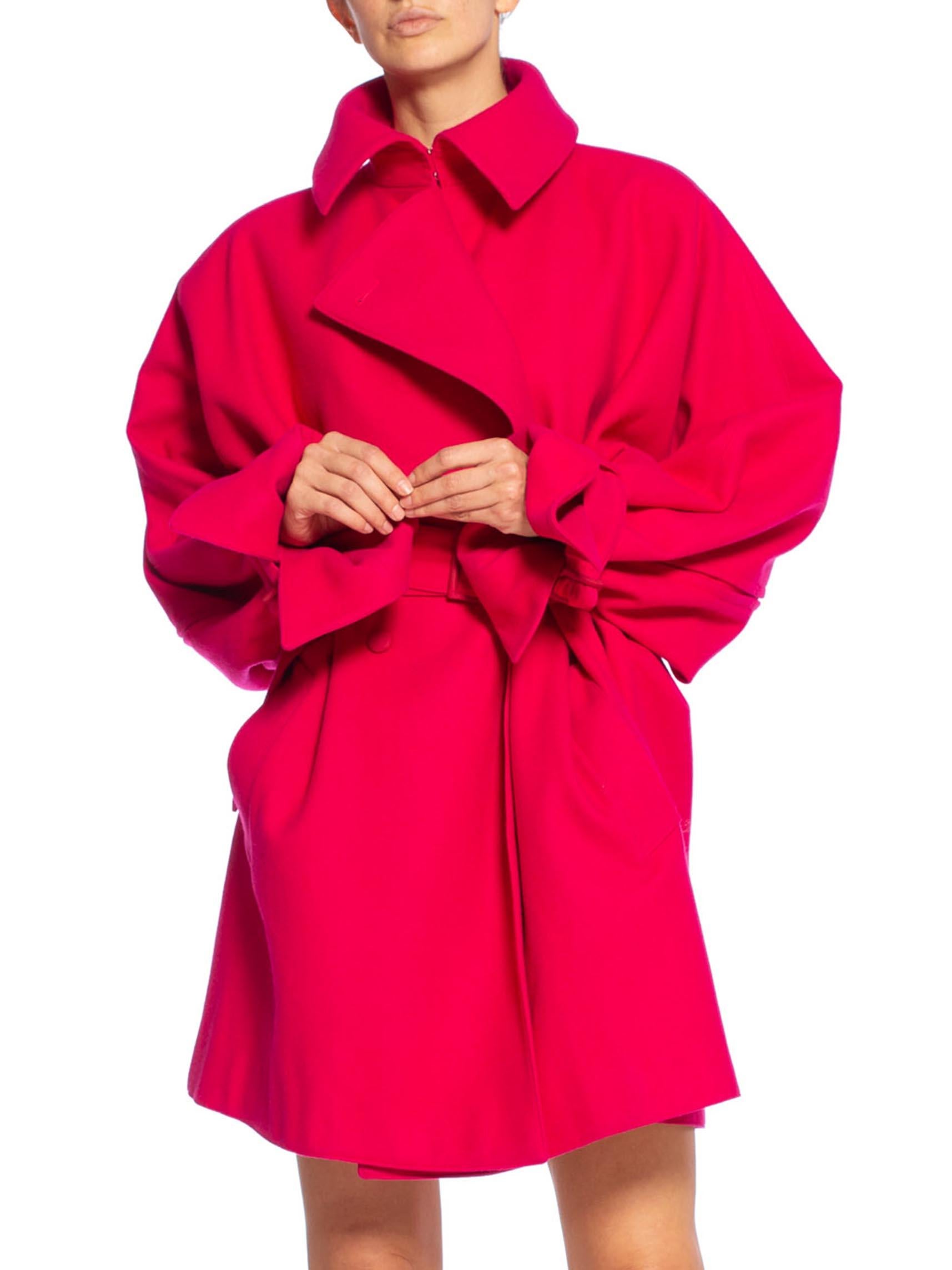 1980'S CLAUDE MONTANA Hot Pink Wool Oversized Trench Coat With Belt 1