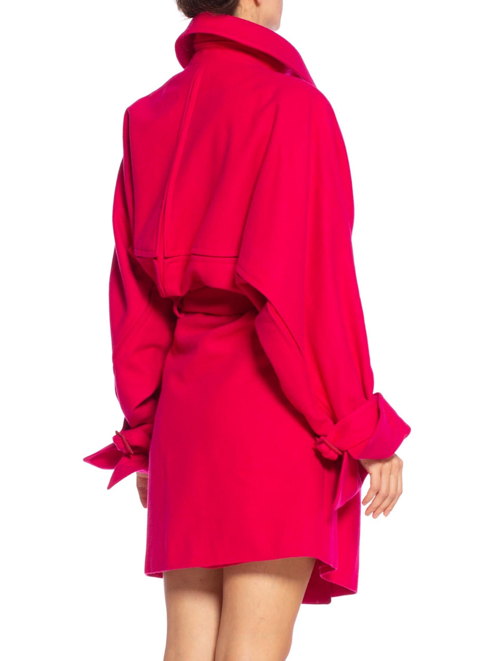 1980'S CLAUDE MONTANA Hot Pink Wool Oversized Trench Coat With Belt 2