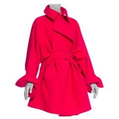 1980'S CLAUDE MONTANA Hot Pink Wool Oversized Trench Coat With Belt
