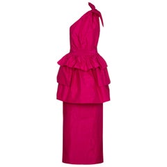 Vintage 1980s Hot Pink Lanvin One Shoulder Dress With Peplum 