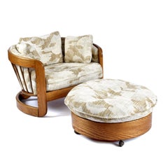 1980s Howard Solid Oak Barrel Shaped Tub Chair and Ottoman