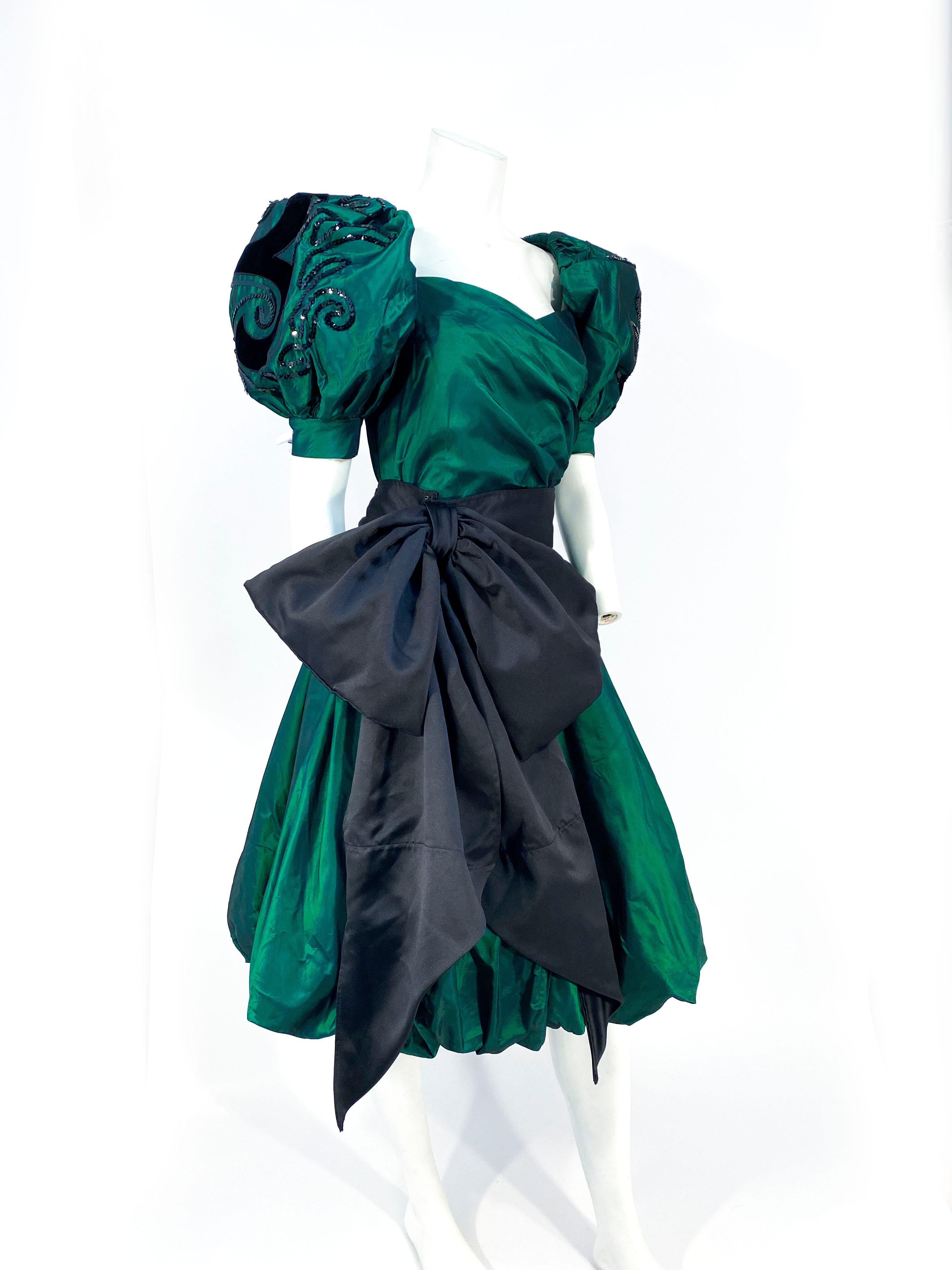 Blue 1980s Huey Waltzer Iridescent Green and Black Dress