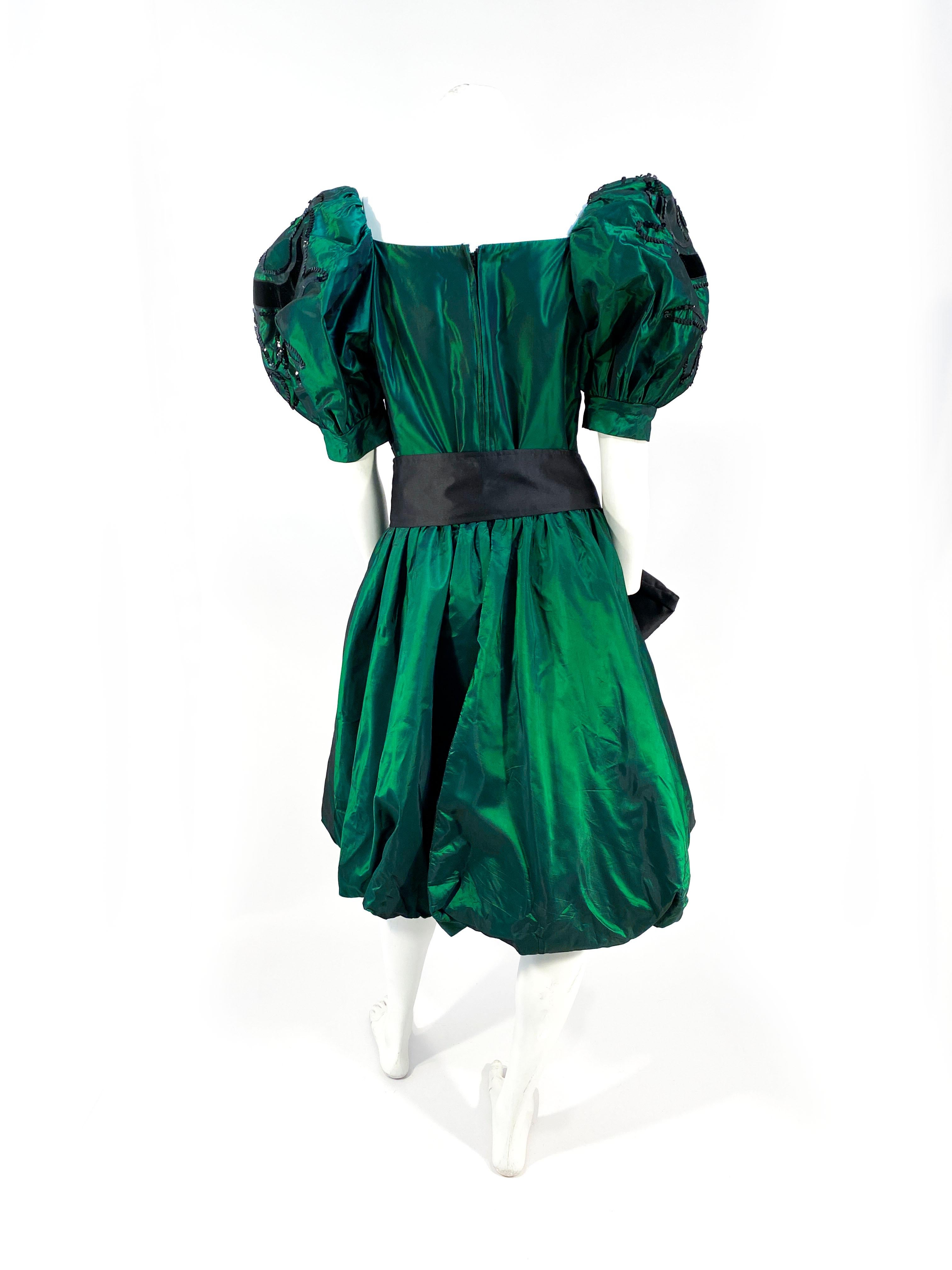 1980s Huey Waltzer Iridescent Green and Black Dress 1