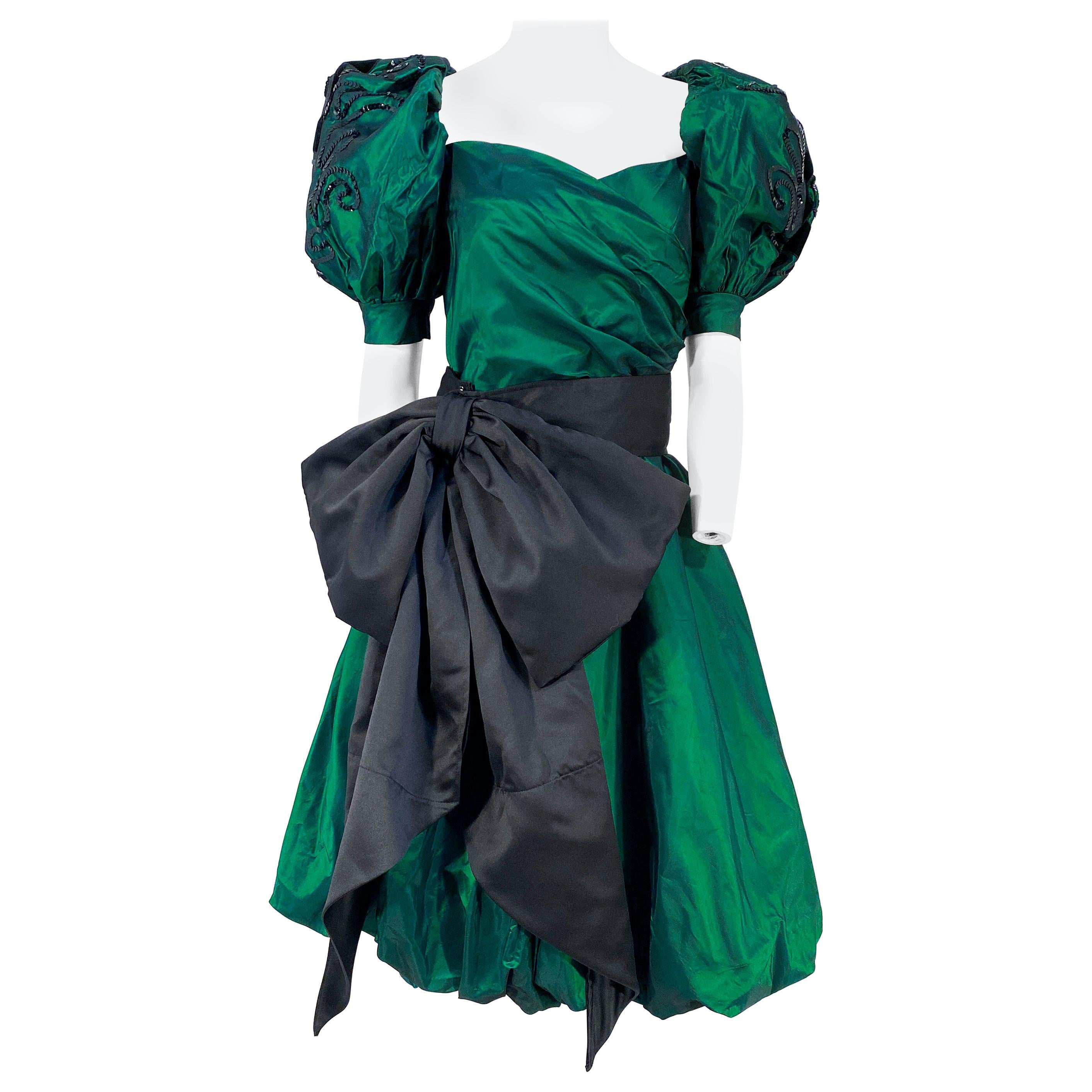 1980s Huey Waltzer Iridescent Green and Black Dress