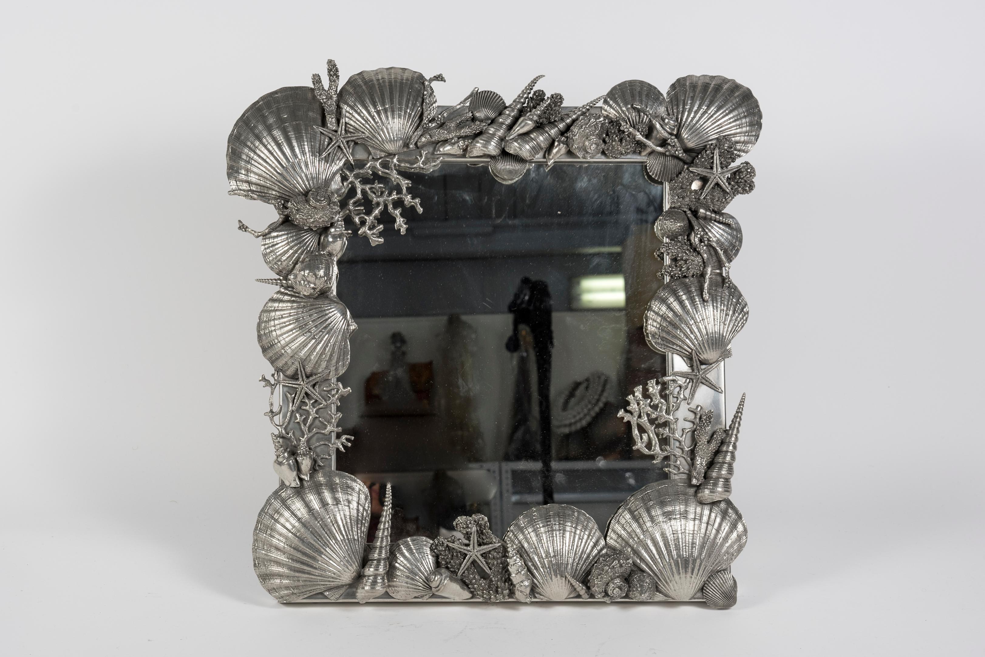 European 1980's huge polished pewter table mirror signed Figura Piero For Sale