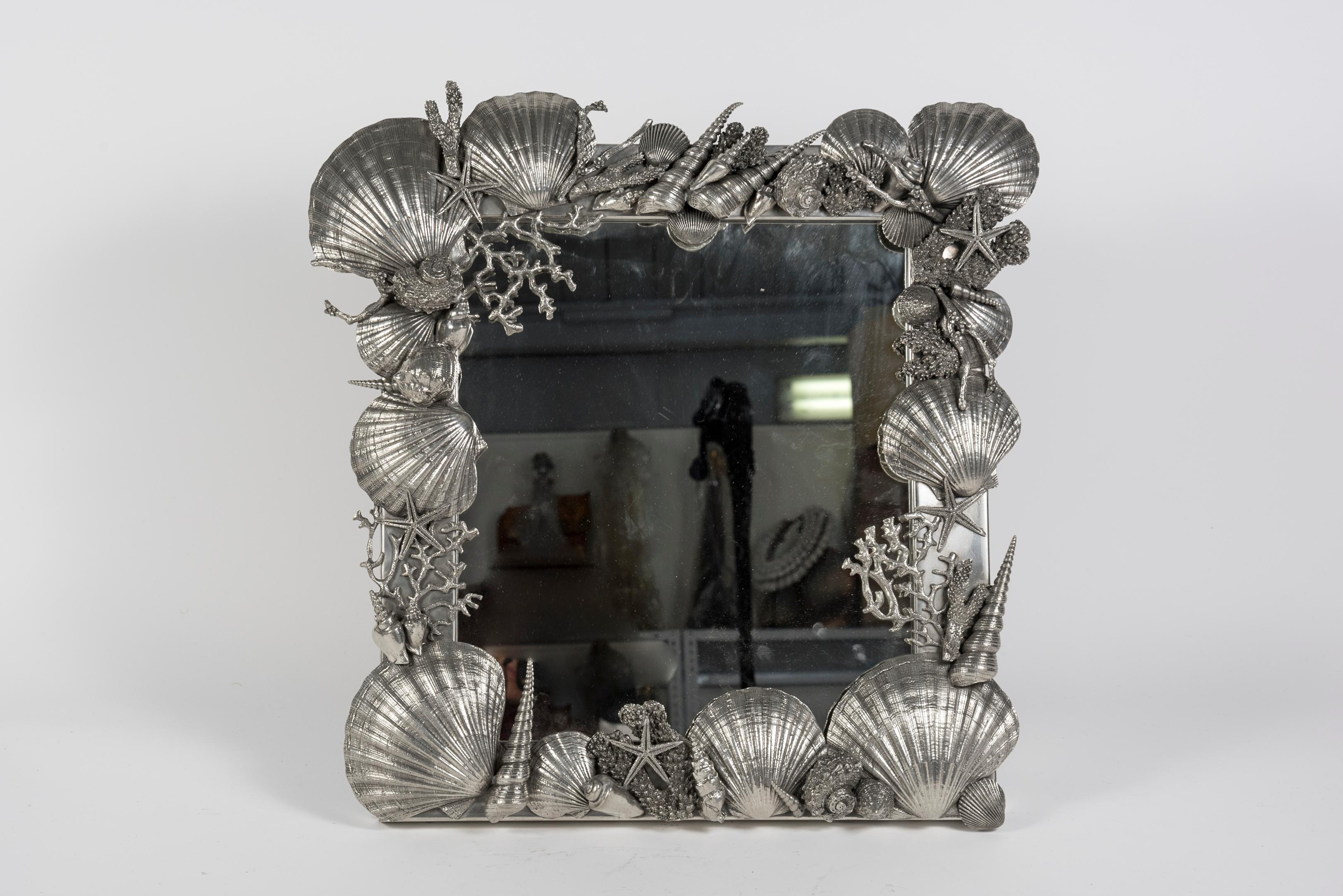 European 1980's huge polished pewter table mirror signed Figura Piero