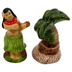 1980's Hula Girl & Palm Tree Ceramic Tabletop Matching Salt & Pepper Shaker Set