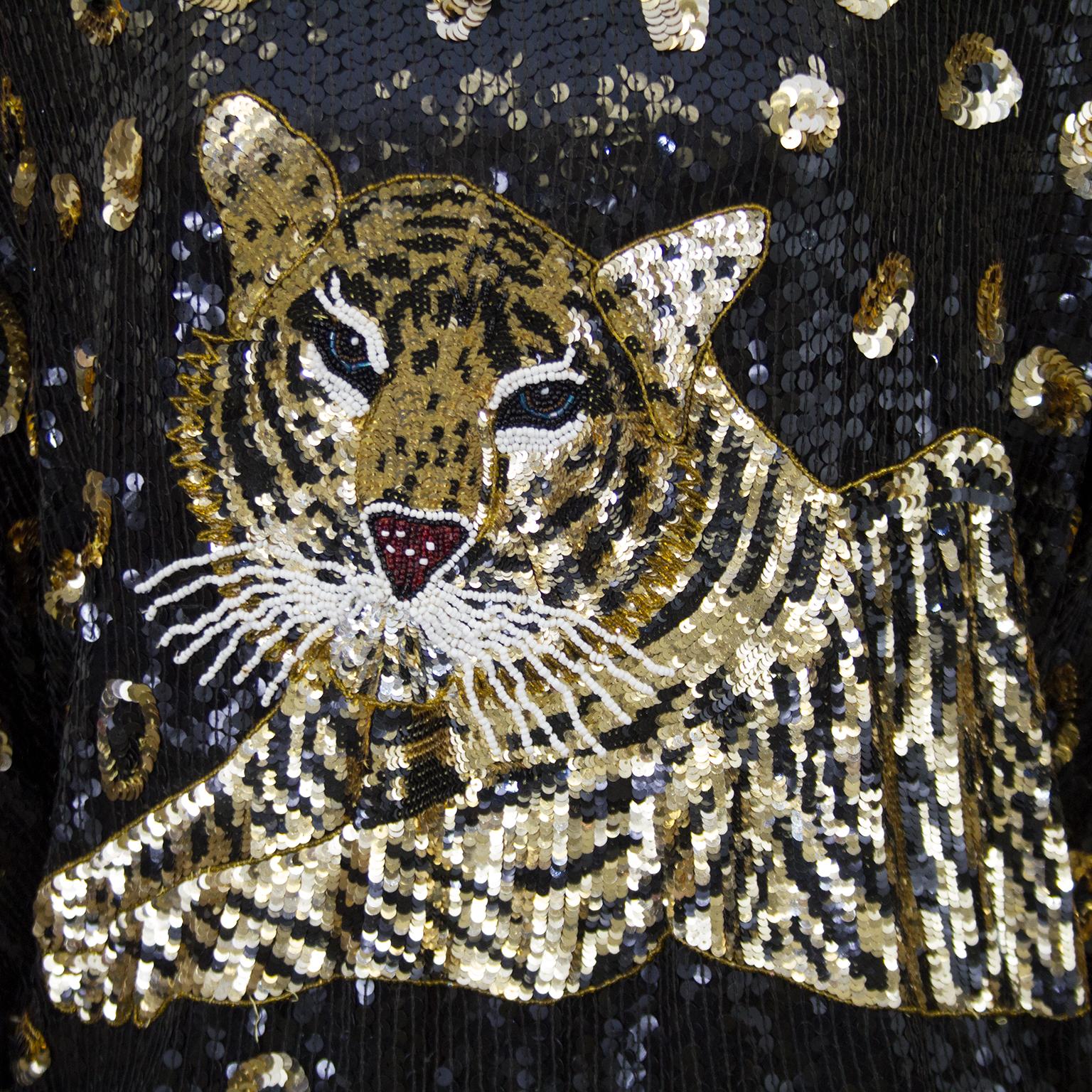 Black 1980s I. Magnin Sequin Tiger Top