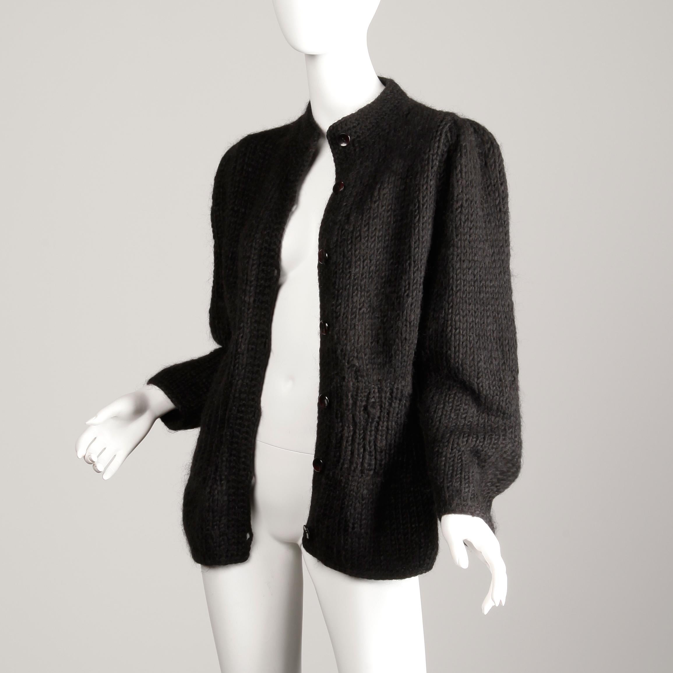 1980s I. Magnin Vintage Black Chunky Knit Wool Full Sleeve Cardigan Sweater 5