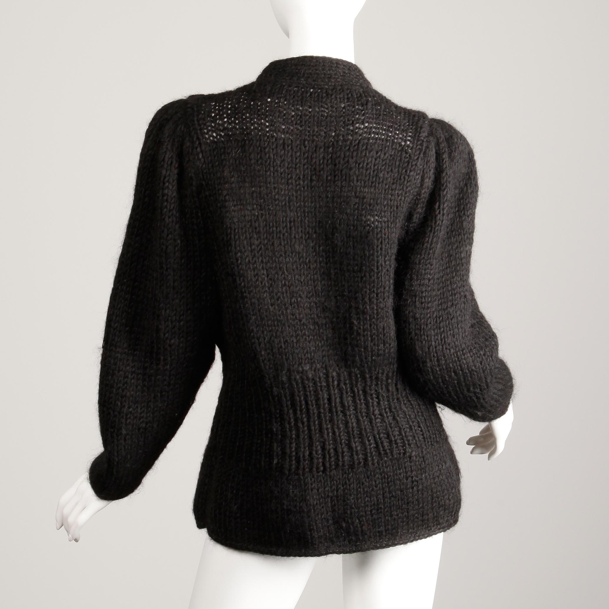 1980s I. Magnin Vintage Black Chunky Knit Wool Full Sleeve Cardigan Sweater 6