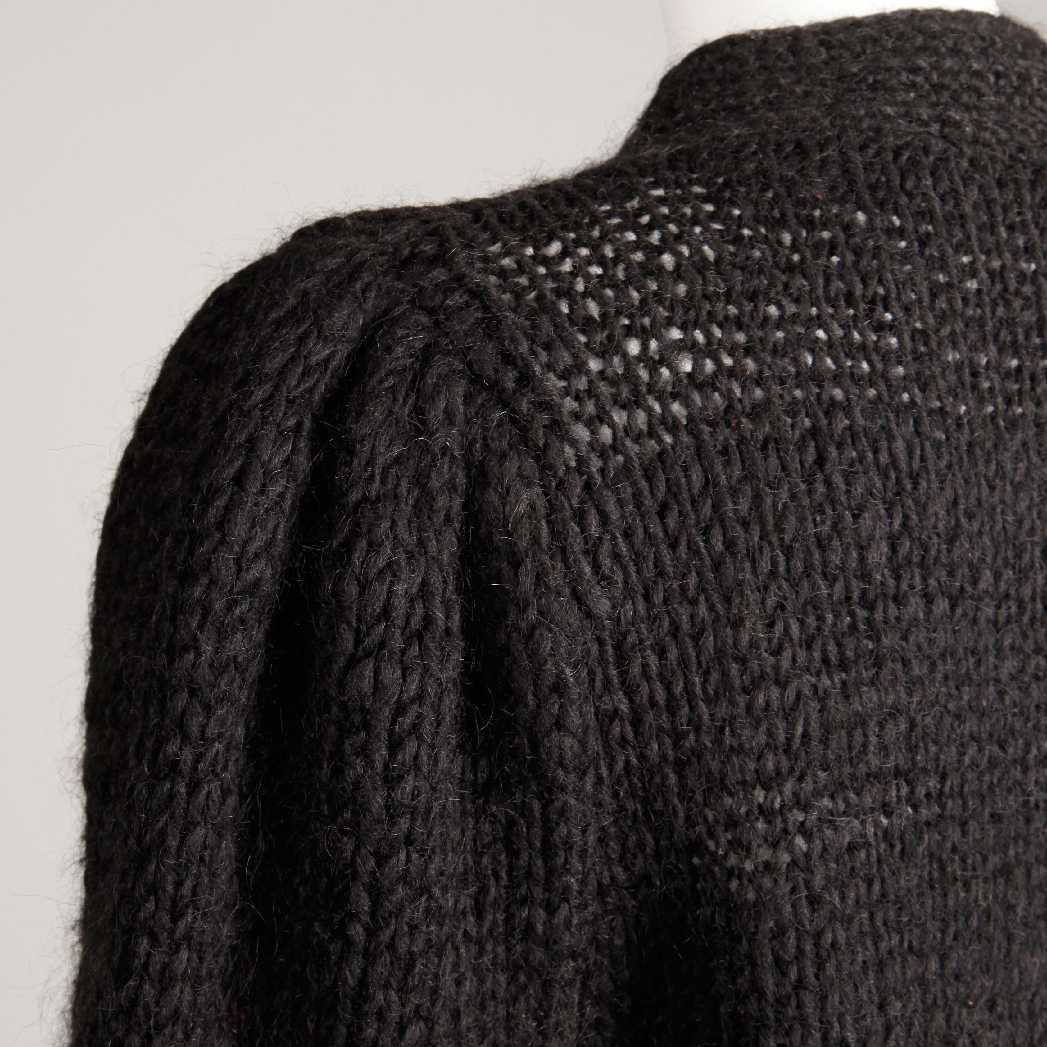 Women's 1980s I. Magnin Vintage Black Chunky Knit Wool Full Sleeve Cardigan Sweater